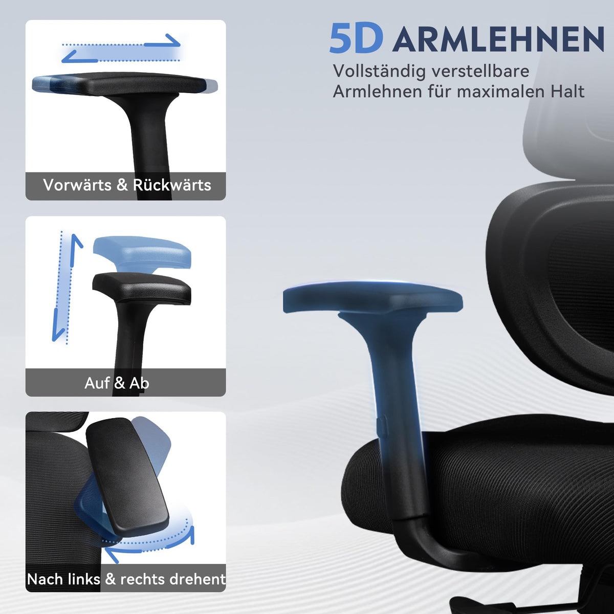 DEVAISE Ergonomic Office Chair with Adjustable Lumbar Support, High Backrest, Adjustable 3D Headrest, 5D Armrests, Rocker Function, Desk Chair for Office and Home Office, up to 180 kg, Black