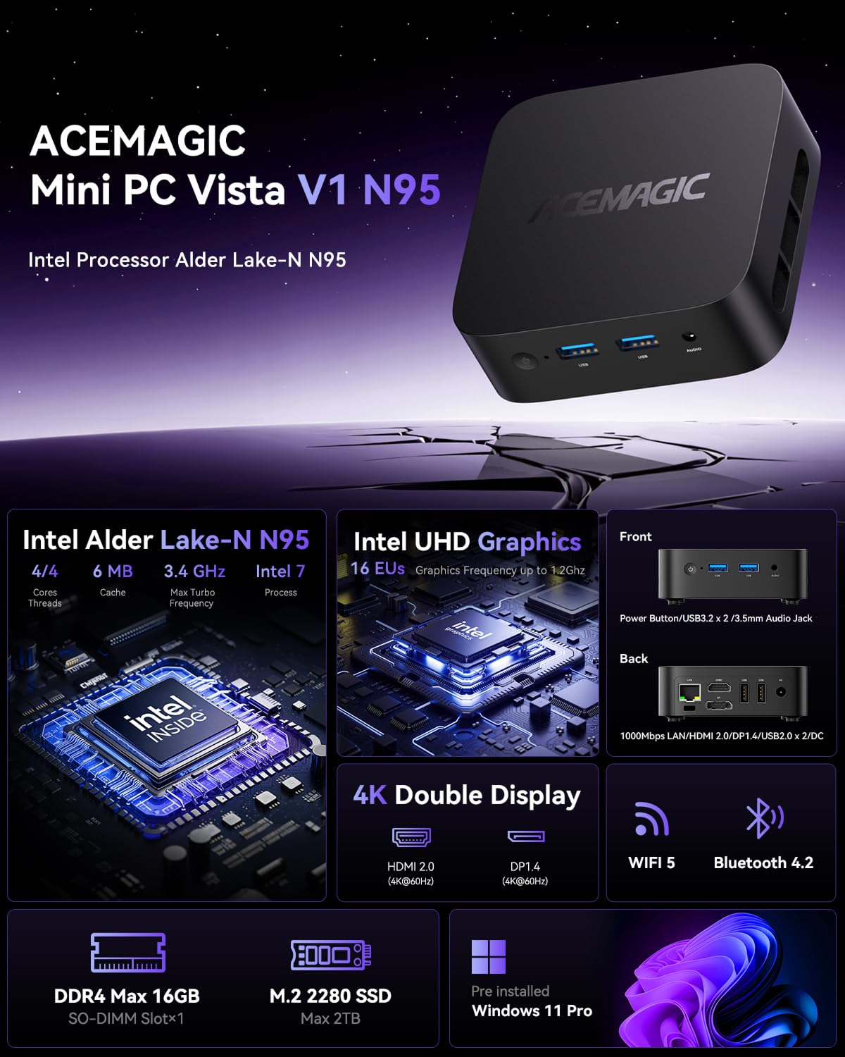 ACEMAGICIAN Alder Lake N95 Mini PC 3.4GHz 16GB DDR4 RAM 512GB M.2 SSD Micro Desktop Computer, 4K UHD HDMI+DP, Dual Band WiFi/BT4.2/Gigabit Ethernet for Business, Home Theater, W11 Pro