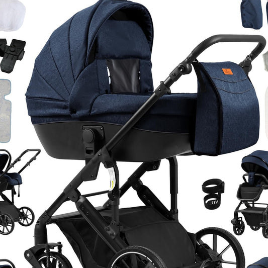 PU Leather Pushchair 3-in-1, Buggy with One-Click Folding Design, Pushchair with Two Reversible Sliding Modes, Combination Pushchair 3-in-1 Complete Set Frame Aluminium Alloy (518 Black)