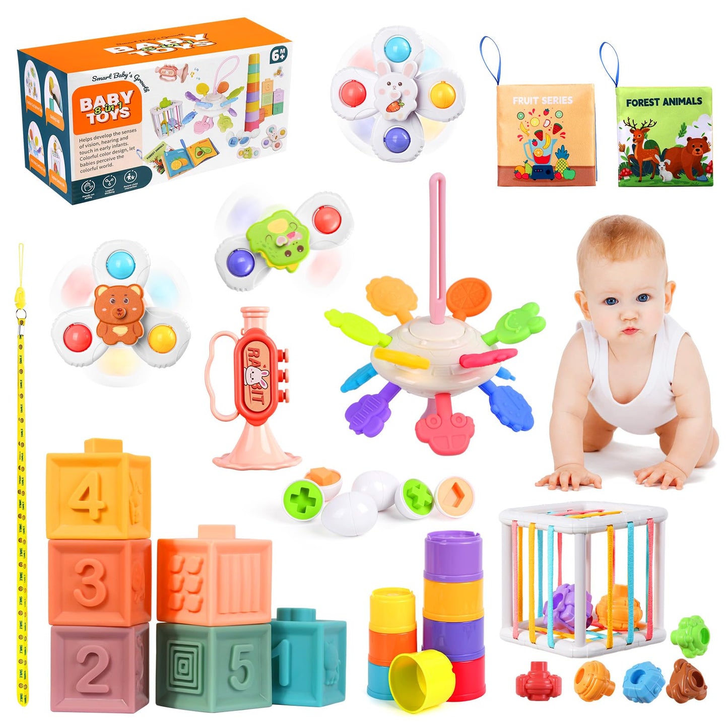 Richday Montessori Spielzeug Baby,Baby Spielzeug 6 Monate,8 in 1 Montessori Motorikspielzeug Stapeln Baublöcke Sensorischer Lernspielzeug für Kleinkinder Passende Eier, Saugnapf-Kreiselspielzeug