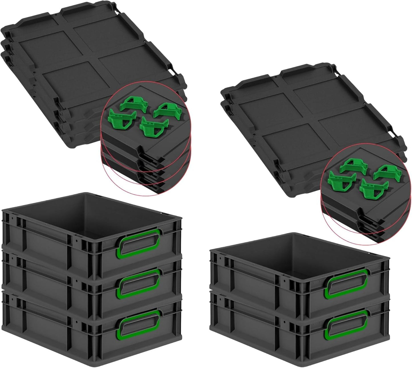 PROREGAL Economy Set of 5 Eurobox NextGen Colour with Lid and Sliding Snap Fasteners, H x W x D 22 x 30 x 40 cm, 20 L, Black, Closed Handles, Euro Container, Transport Box, Transport Container