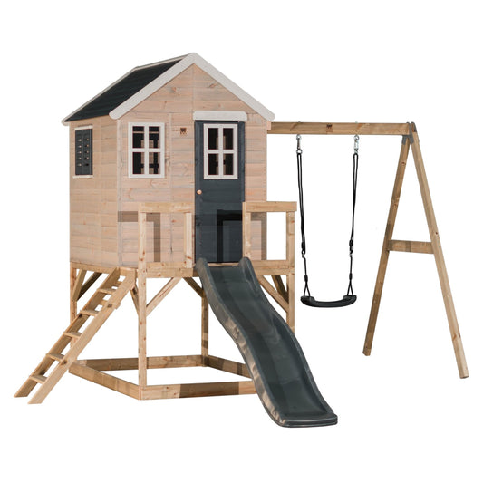 Wendi Toys M24G Children's Outdoor Stilt House with Slide and Swing, 330 x 350 x 242 cm, Grey, FSC Wood, Playhouse Children Outdoor with Swing & Plastic Slide for Garden, Playground for Garden