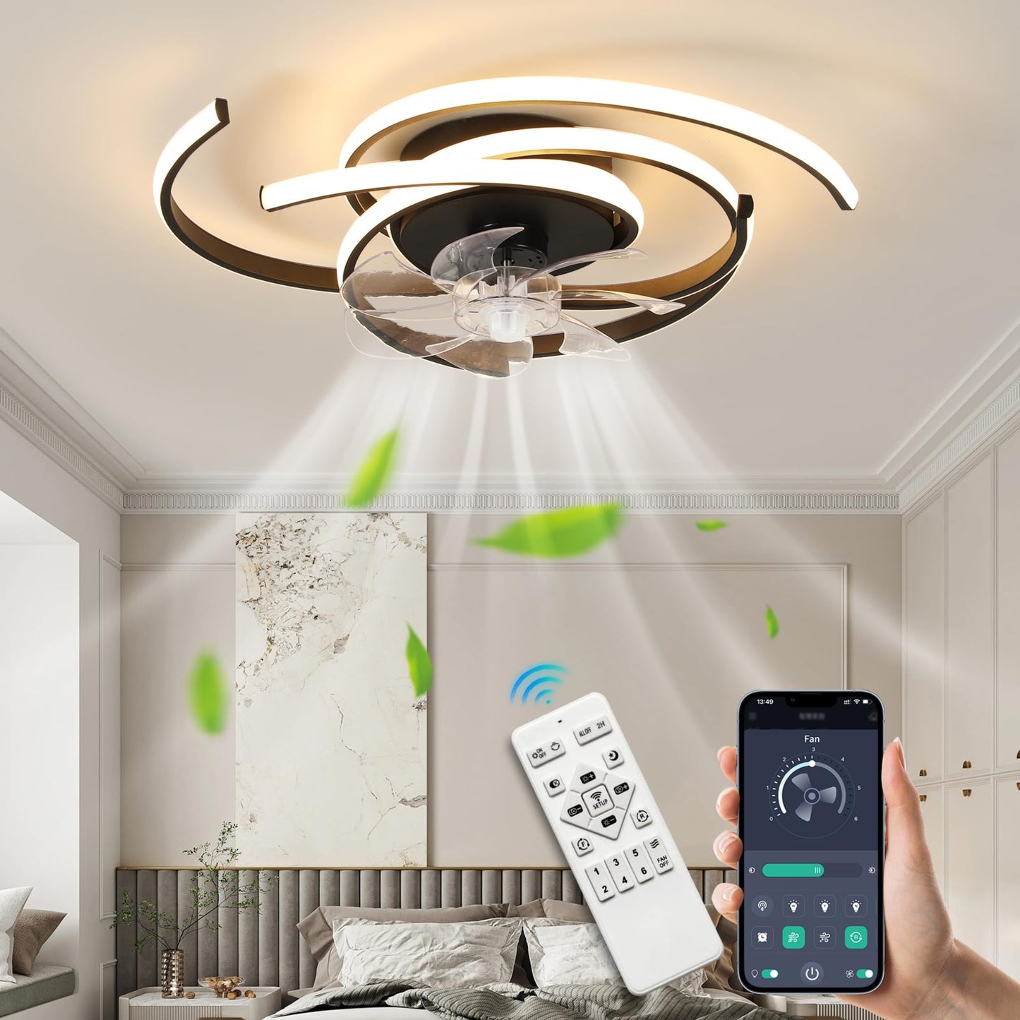 LED Lighting with Mute Ceiling Fan 45W Ceiling Light with Fan Light, App and Remote Control, Creative Shape Acrylic Shade (White) Living Room Bedroom Kitchen (White)