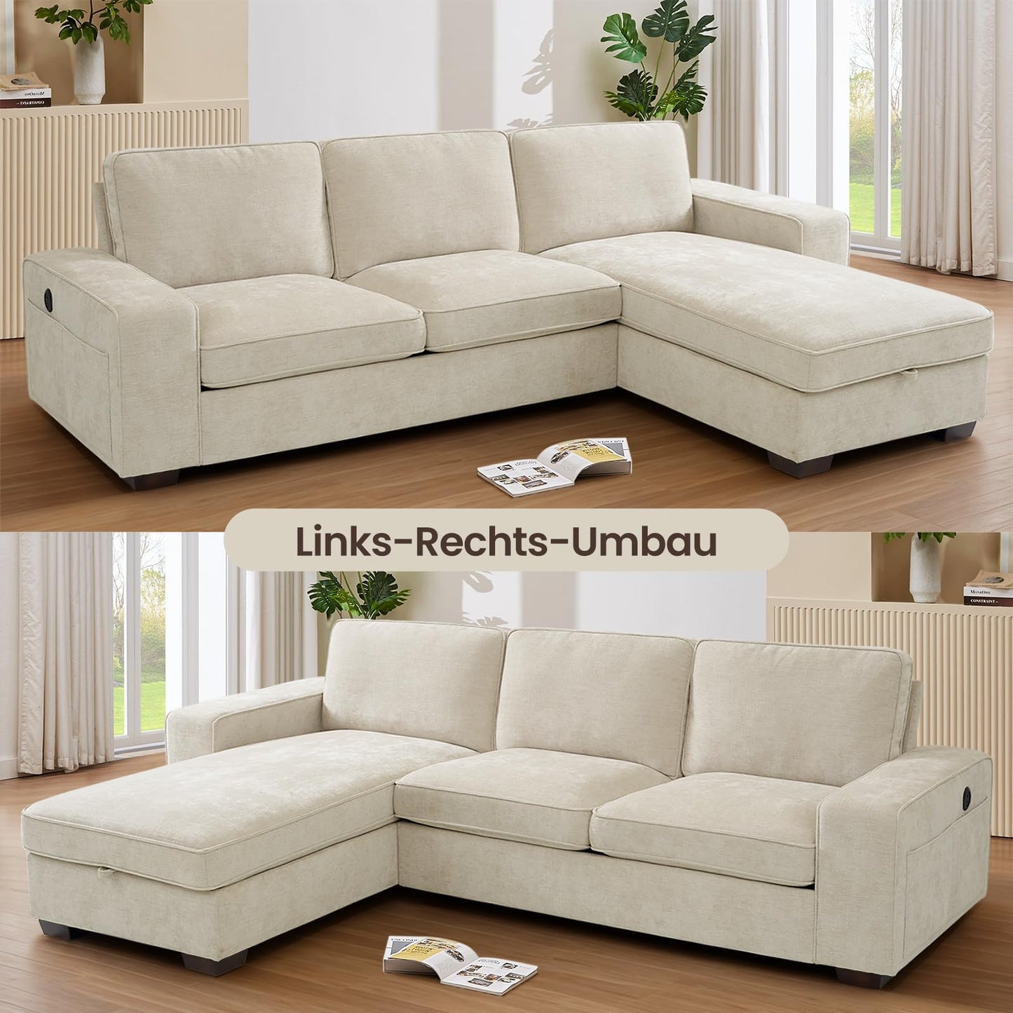 DUANDUAN 250CM Convertible Sektionssofa Couch mit Chaise Lagerung, Moderne L-förmige Reversible Design, Bequeme Chenille Stoff, abnehmbare Kissenbezüge USB Typ-C Ports Wohnzimmer(Beige)