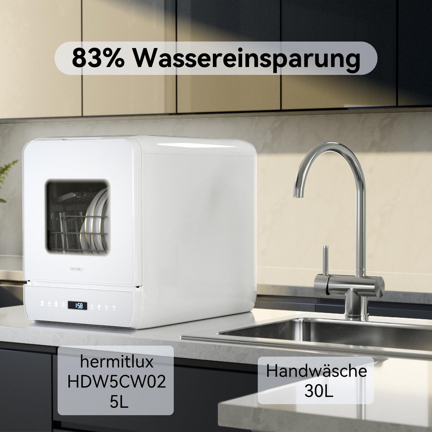 Hermitlux Tischgeschirrspüler, mini spülmaschine mit 7+3 Programme, 5 Maßgedecken, 5L Wassertank, Startverzögerung und Kindersicherung