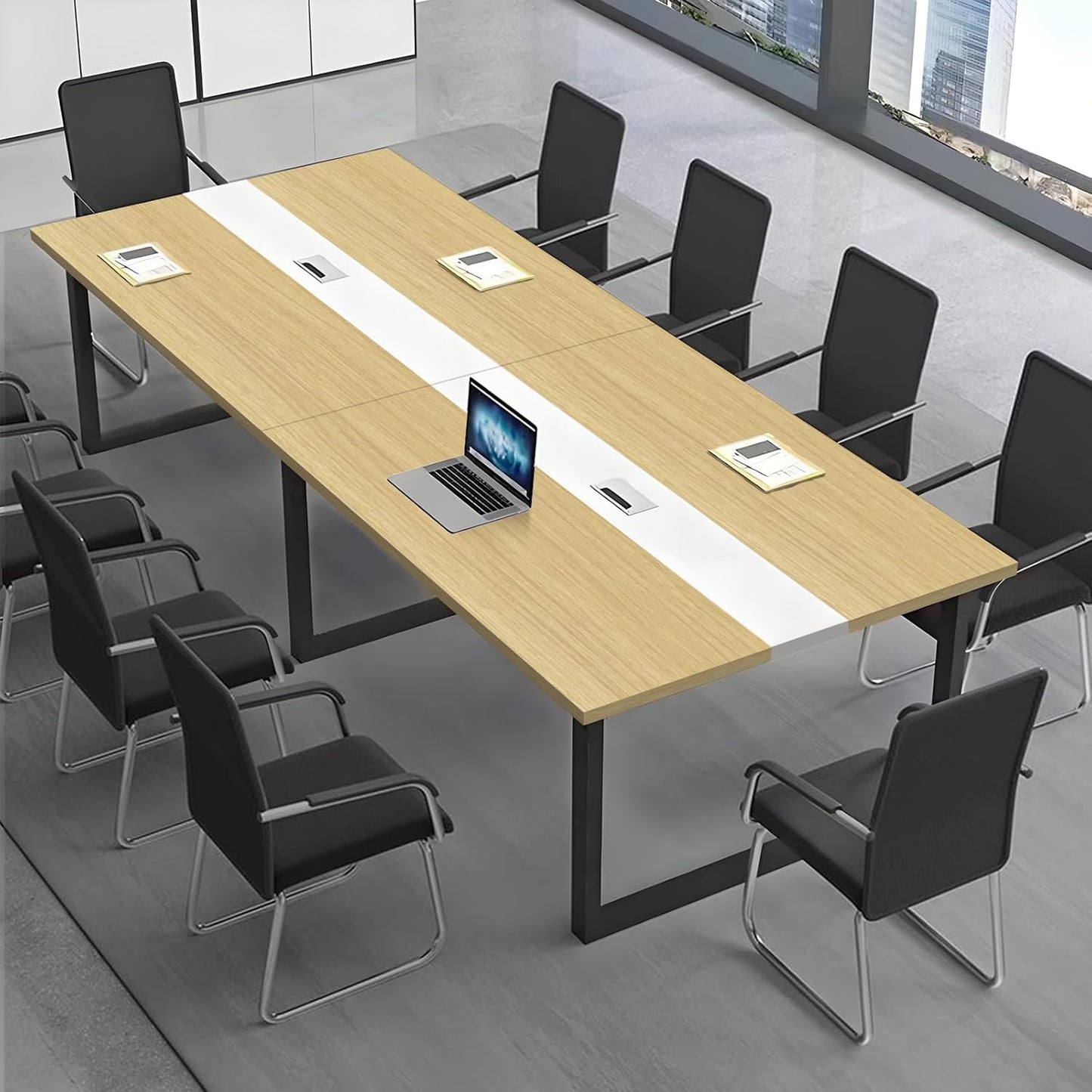 Large Conference Table, Modern Meeting Table with Cable Channel and Black Metal Frame for 8-12 People, Rectangular Seminar Table for Office, Conference Room