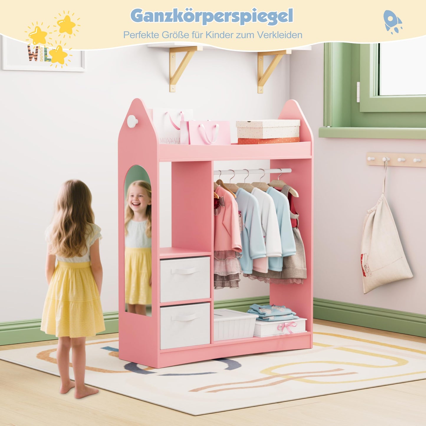 Children's Clothes Rack with Mirror, Clothes Rail with Shelves, Children's Wardrobe Wood, Children's Shelf for Children's Room, 81 x 28 x 106.5 cm (Clouds with 2 Drawers, White)