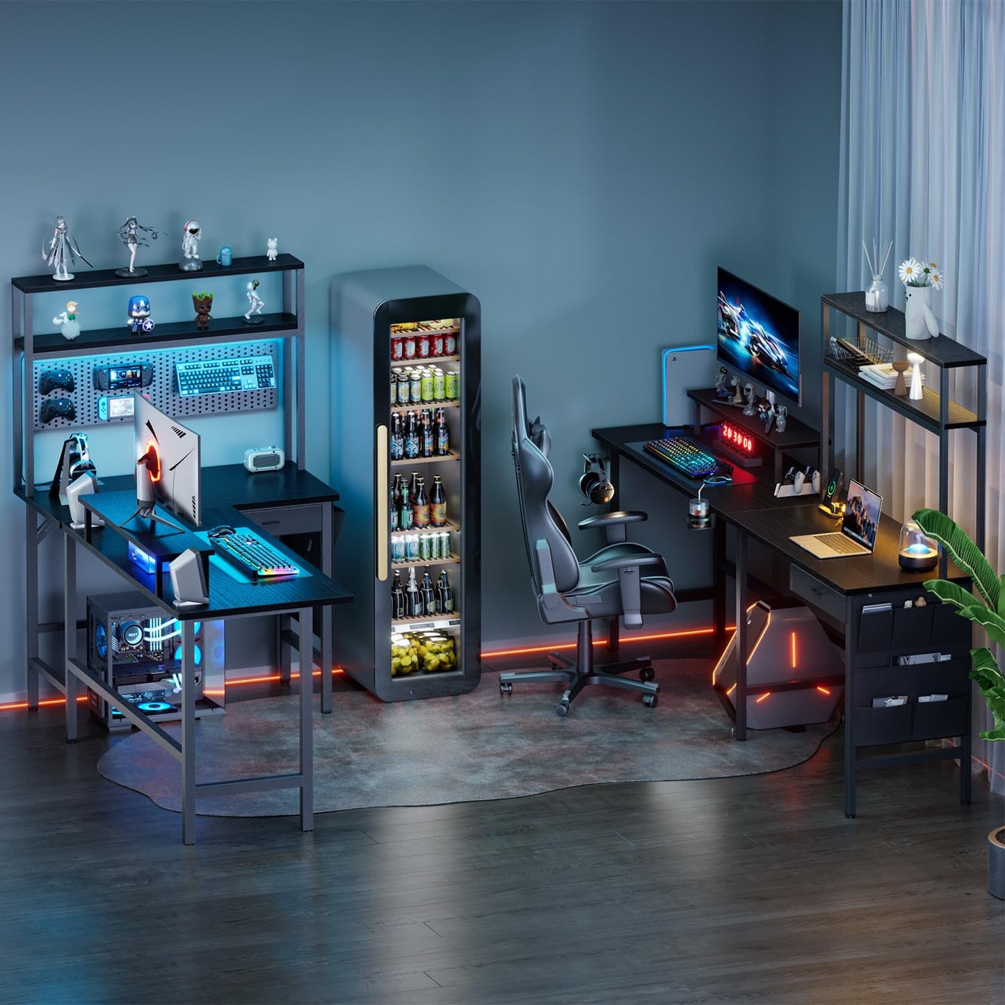 Gaming Table with LED, 150 x 100 cm Corner Desk with 3 Sockets and 2 USB, Reversible Gaming Desk L Shape, Computer Desk with Monitor Stand and Countertop Shelf, Carbon Fibre Black