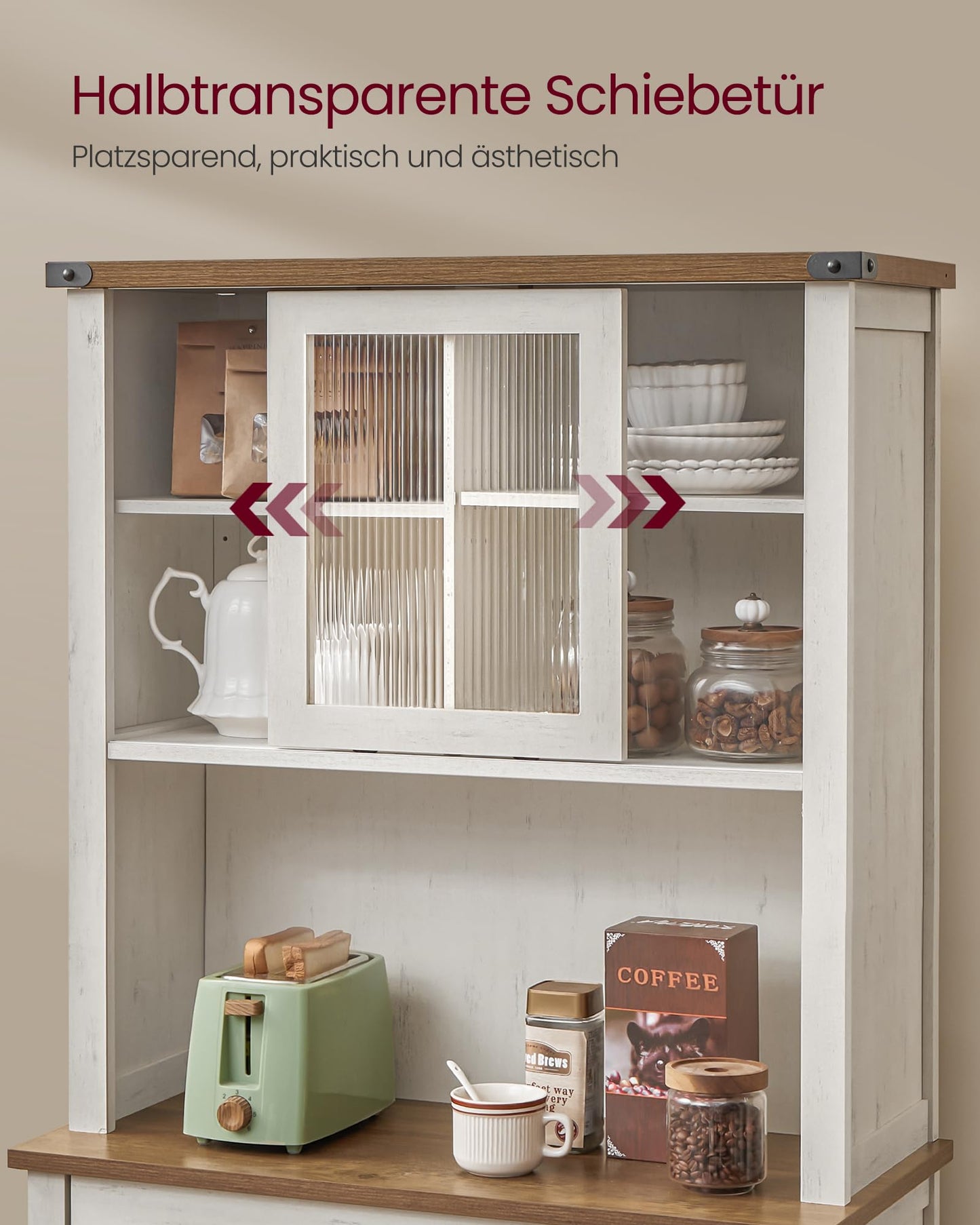 VASAGLE Sideboard with Lighting and Charging Station Kitchen Cabinet Storage Cabinet with Doors and Drawers 39.5 x 106.5 x 180.6 cm Adjustable Shelves Country Style Vintage White BBK391W02