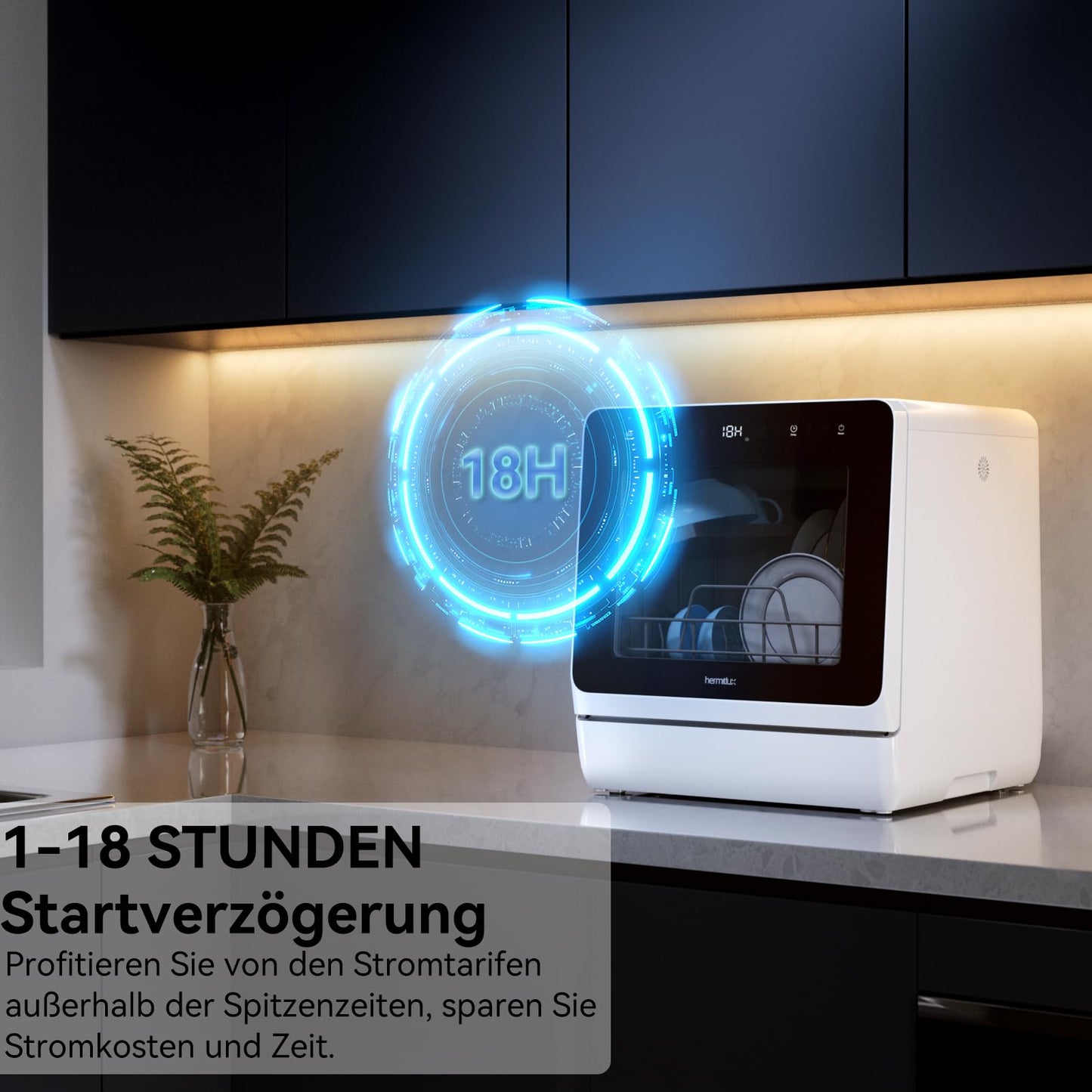 Hermitlux Tischgeschirrspüler, mini spülmaschine mit 7+3 Programme, 5 Maßgedecken, 5L Wassertank, Startverzögerung und Kindersicherung