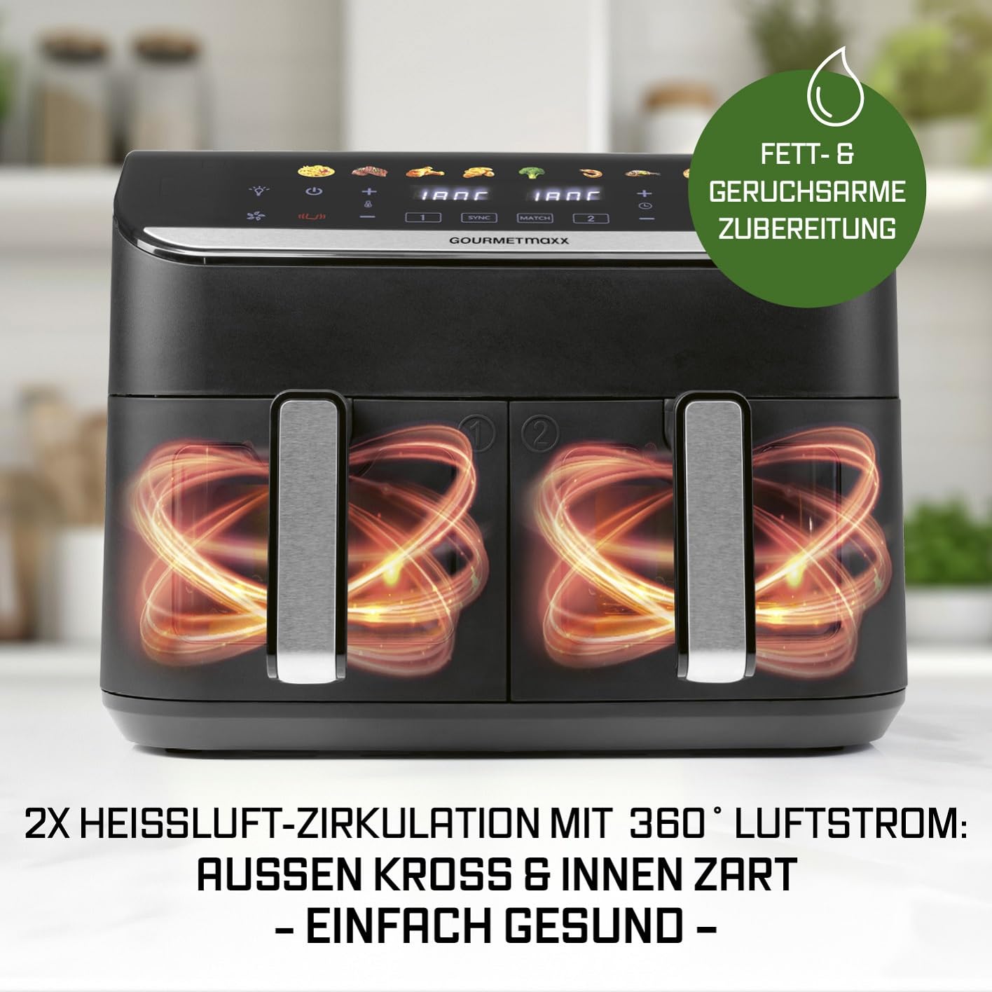 GOURMETmaxx Digitale Heißluftfritteuse 12 L, XXL-Edelstahl-Ofen | Airfryer + Timer, Touchdisplay, Drehspieß | fettarm, energiesparend frittieren | 10 Programme inkl. Pizza | 1800 W