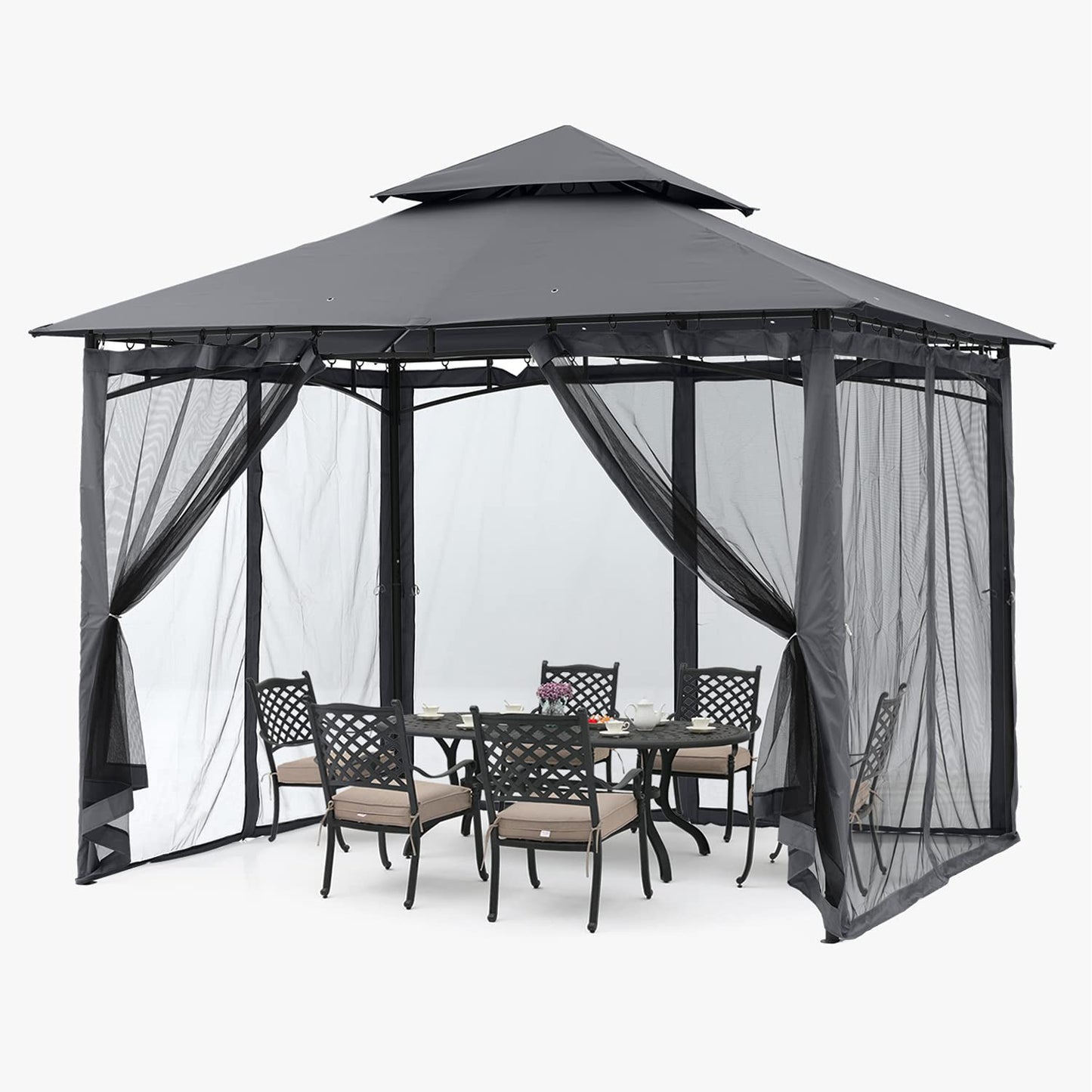 ABCCANOPY Pavillon 2.5x2.5m Wasserdicht Stabil Winterfest Gartenpavillon，Doppeldachweichdach Hinterhof-Partyzelt mit Netz für Schatten und Regen,Grau