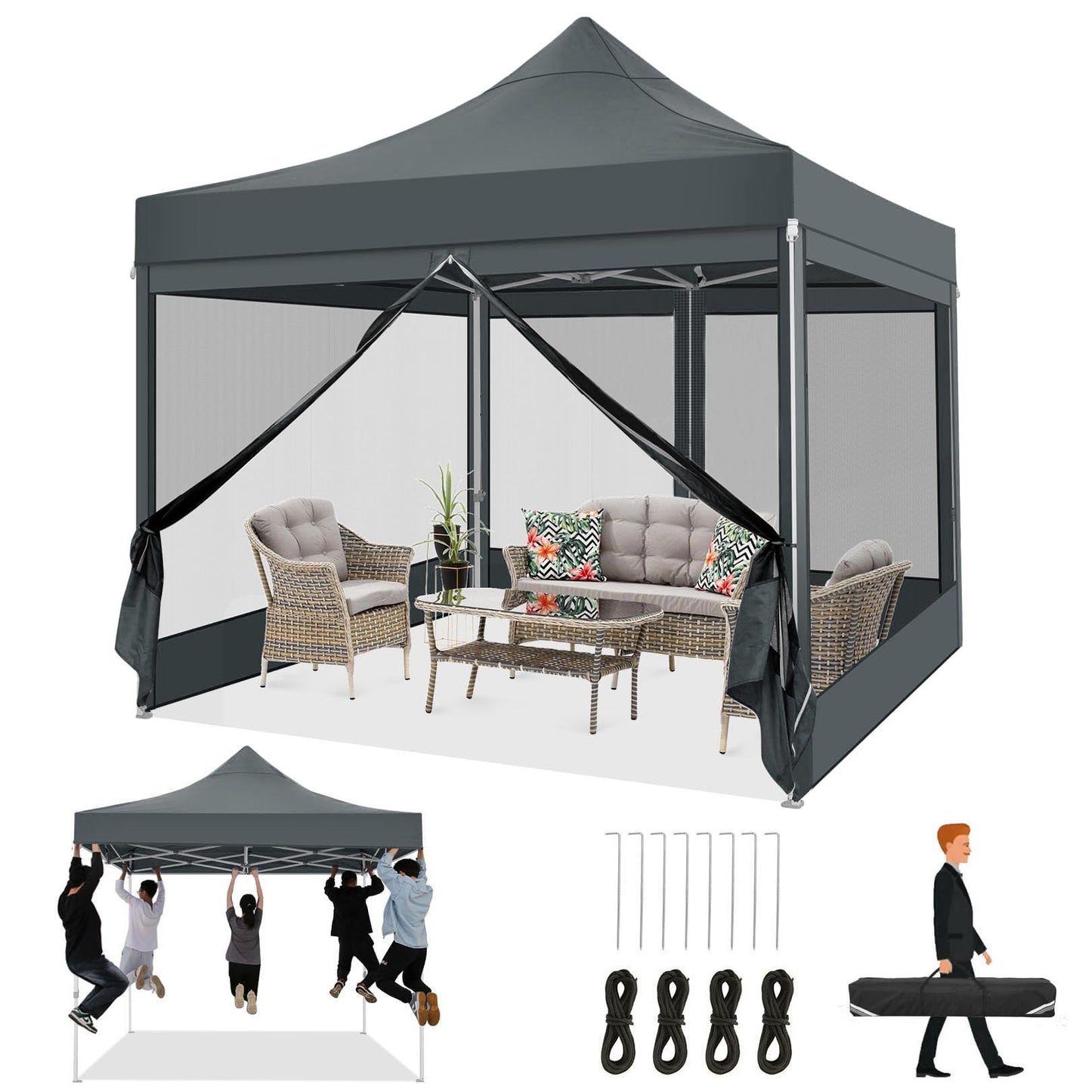 COBIZI Folding Gazebo 3 x 3 m Gazebo 3 x 3 m Waterproof Stable Party Tent Foldable with 4 Side Walls Mosquito Net Pop Up Garden Gazebo Anti-UV for Garden, Grey