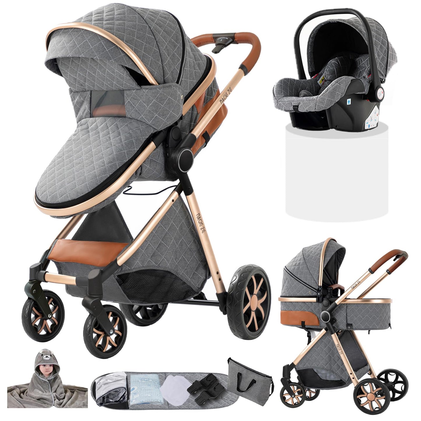 Doraystar 360° Rotation PU Leather Pushchair 3-in-1 Combination Pushchair 3-in-1 with Two Reversible Sliding Modes, Pushchair Complete Set with One-Click Folding Design, Aluminium Alloy Frame (906