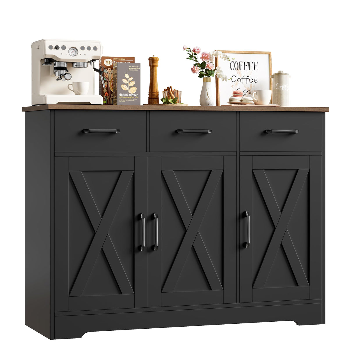 HOCSOK Sideboard, Kitchen Cabinet with 3 Drawers and 3 Doors for Kitchen, Buffet Cabinet with Worktop for Dining Room, Living Room, Wood, White & Brown