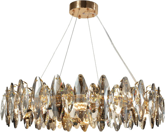 AHXIAOZN Modern LED Kristall Kronleuchter Luxus,Funkelnder Eiförmiger Kristall Deckenleuchte Gold,9xE14 Wohnzimmer Pendelleuchte,8-Flammig