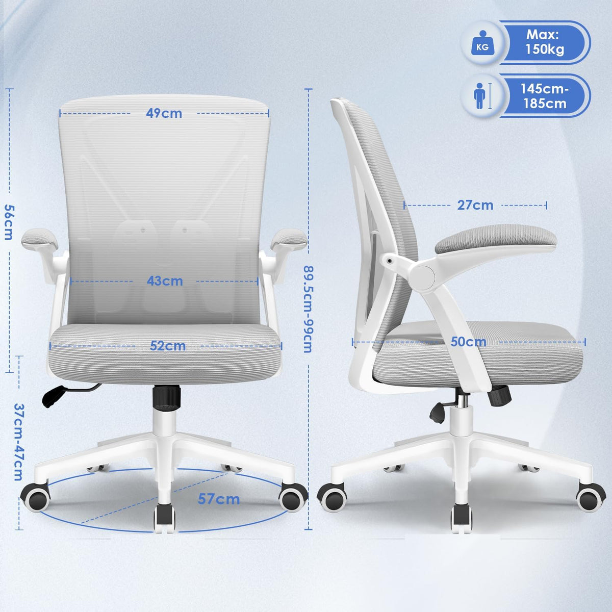Hinonde Office Chair, Desk Chair with Folding Armrests and Rocker Function, 360° Swivel Chair, Height-Adjustable Office Chair, Ergonomic Home Office Chair with Breathable Mesh, Up to 150 kg
