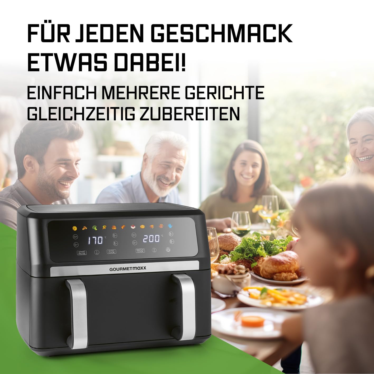 GOURMETmaxx Digitale Heißluftfritteuse 12 L, XXL-Edelstahl-Ofen | Airfryer + Timer, Touchdisplay, Drehspieß | fettarm, energiesparend frittieren | 10 Programme inkl. Pizza | 1800 W