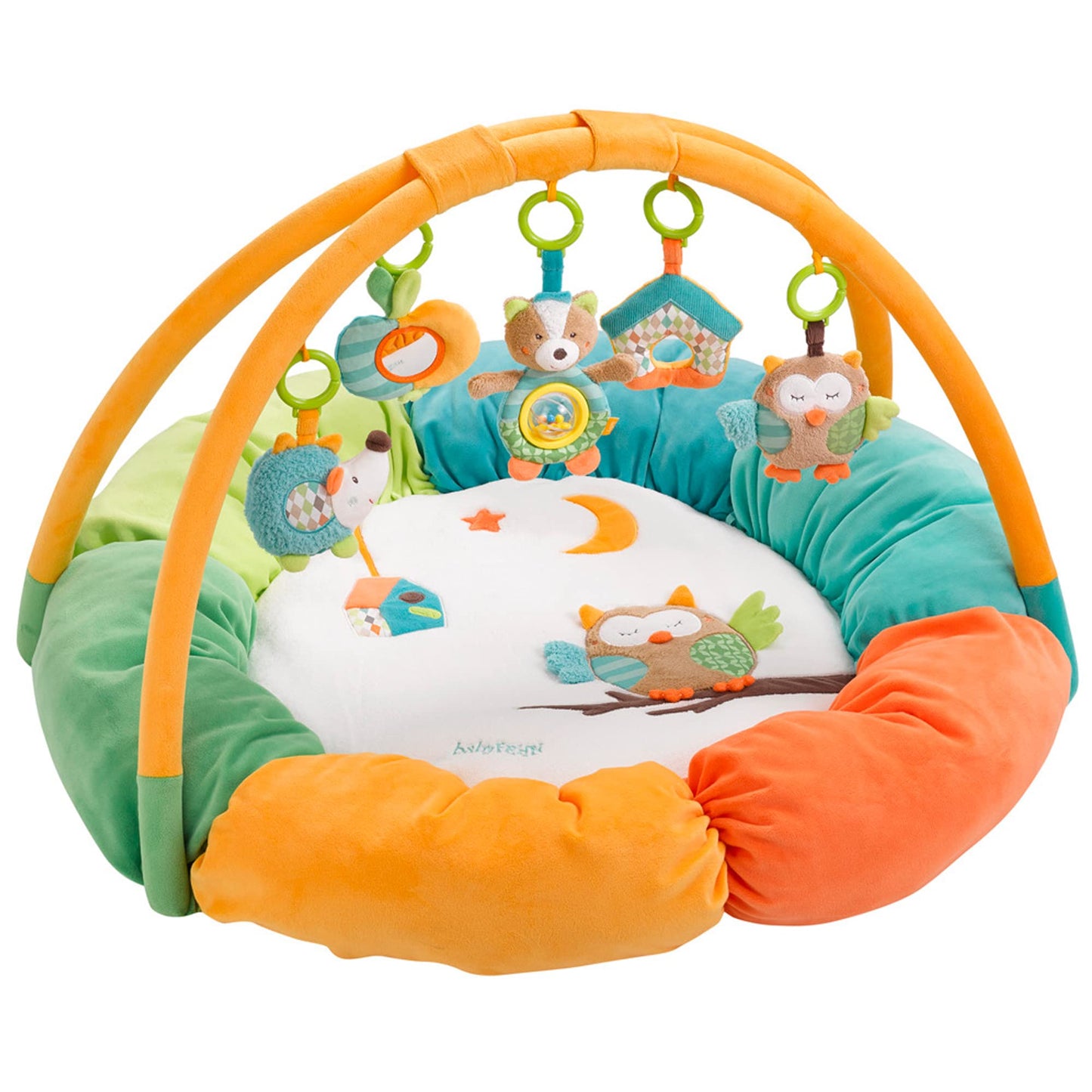 Fehn 071184 3-D-Activity-Nest Owl, Particularly Soft Play Arch with 5 Removable Play Toys for Babies, Play and Fun from Birth, Dimensions: Diameter 85 cm Rainbow rainbow