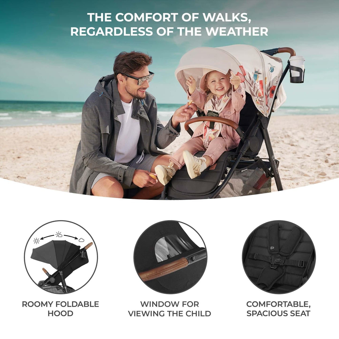 Kinderkraft GRANDE PLUS Kinderkraft buggy von Geburt bis 22 kg, Zusammenklappen mit einer Hand, Liegeposition, großes Verdeck mit Fenster, alle 4 Räder gedämpft, geräumige Sitz, Grau