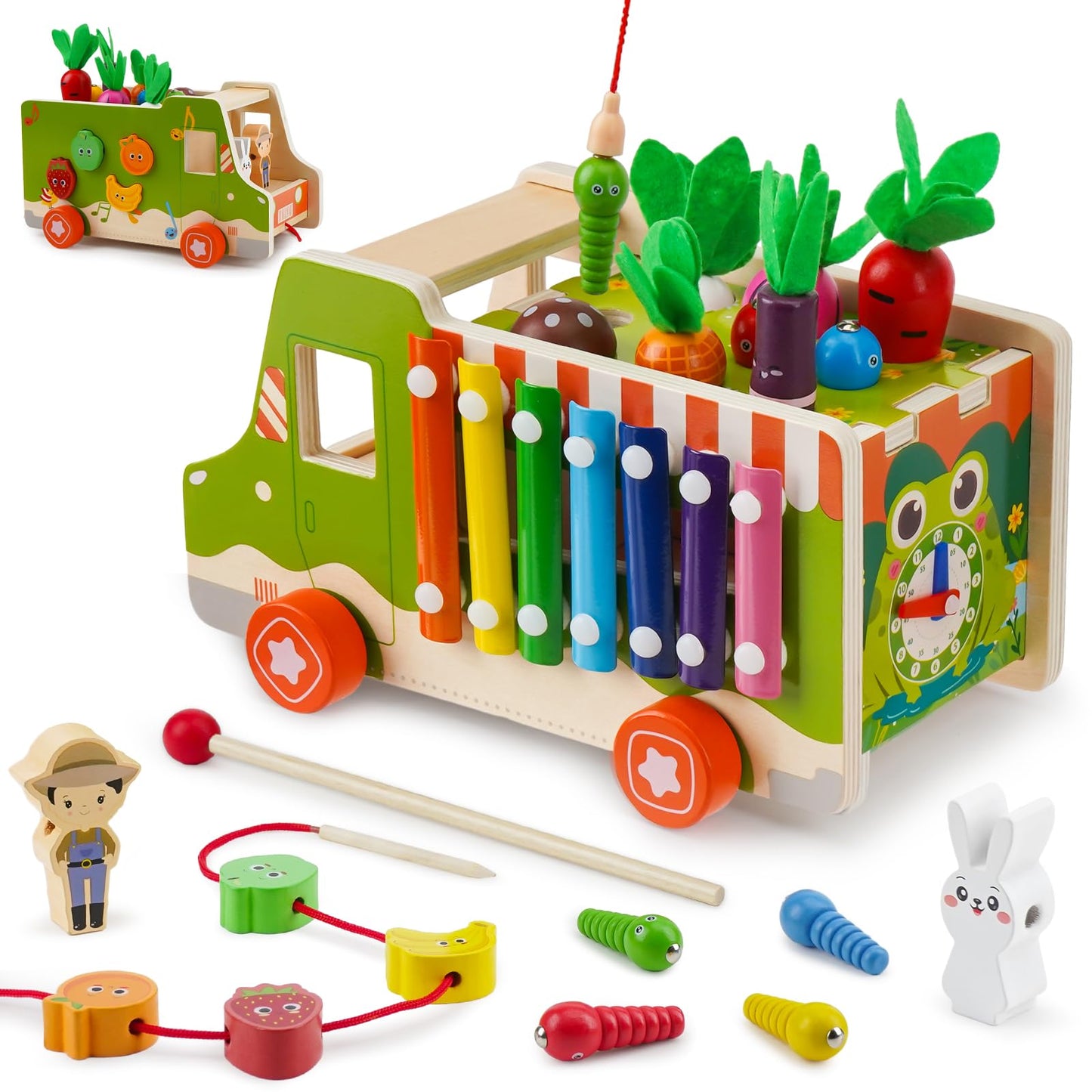 Goffii Montessori Toy, Children's Baby 8-in-1 Wooden Toy, Farm Cars, Carrots Harvest Sorting Stacking Toy, Hand Eye Coordination Motor Skills Toy from 3 4 5 Years Girls Boys Gift