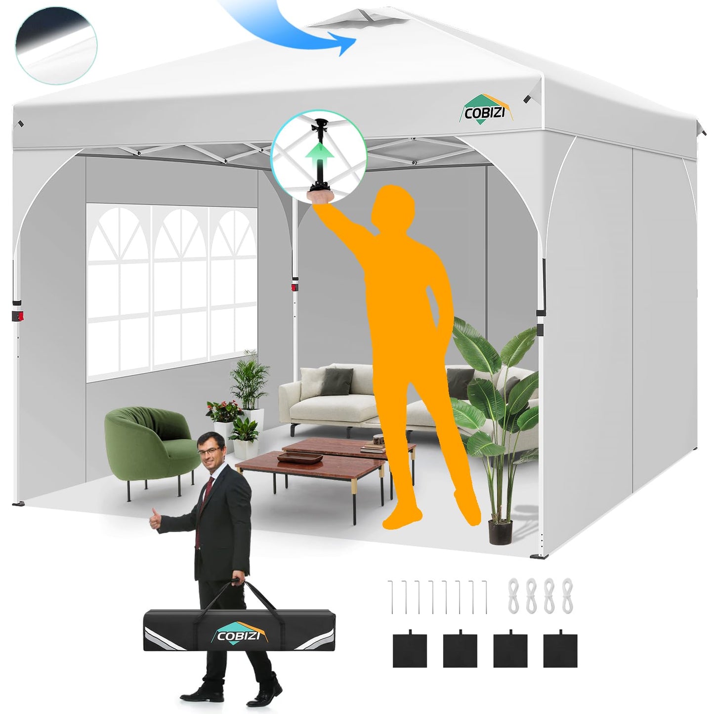 COBIZI Faltpavillon 3x6 Pavillon wasserdicht Winterfest, Ein-Tasten-Zentralverriegelung Partyzelt Faltbar Anti-UV mit 6 Seitenwänden, Gartenpavillon mit Leuchtstreifen für Hochzeiten, Freien, Garten