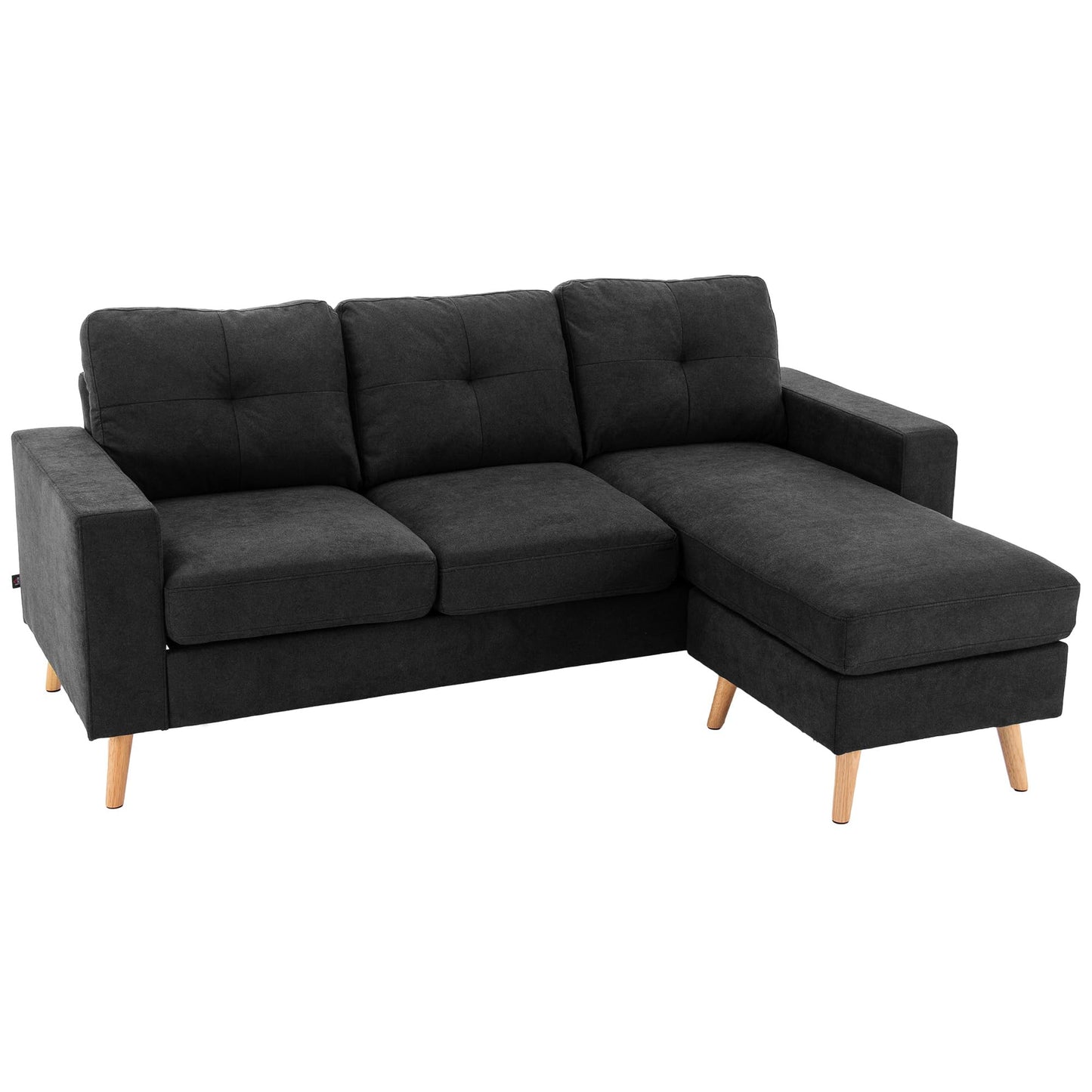HOMCOM Corner Sofa L-Shaped Sofa with 3 Cushions, Corner Couch with Button Binding, Linen Look, Couch Living Landscape for Living Room, Bedroom, 193 x 136 x 85 cm, Black