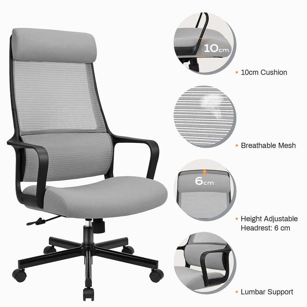 Ergonomic Office Chair with Height Adjustable Headrest, High Back, Lumbar Support, Silent Casters, Heavy Duty Chair for Conference Workspace Area, EN1335 Standard (Grey)