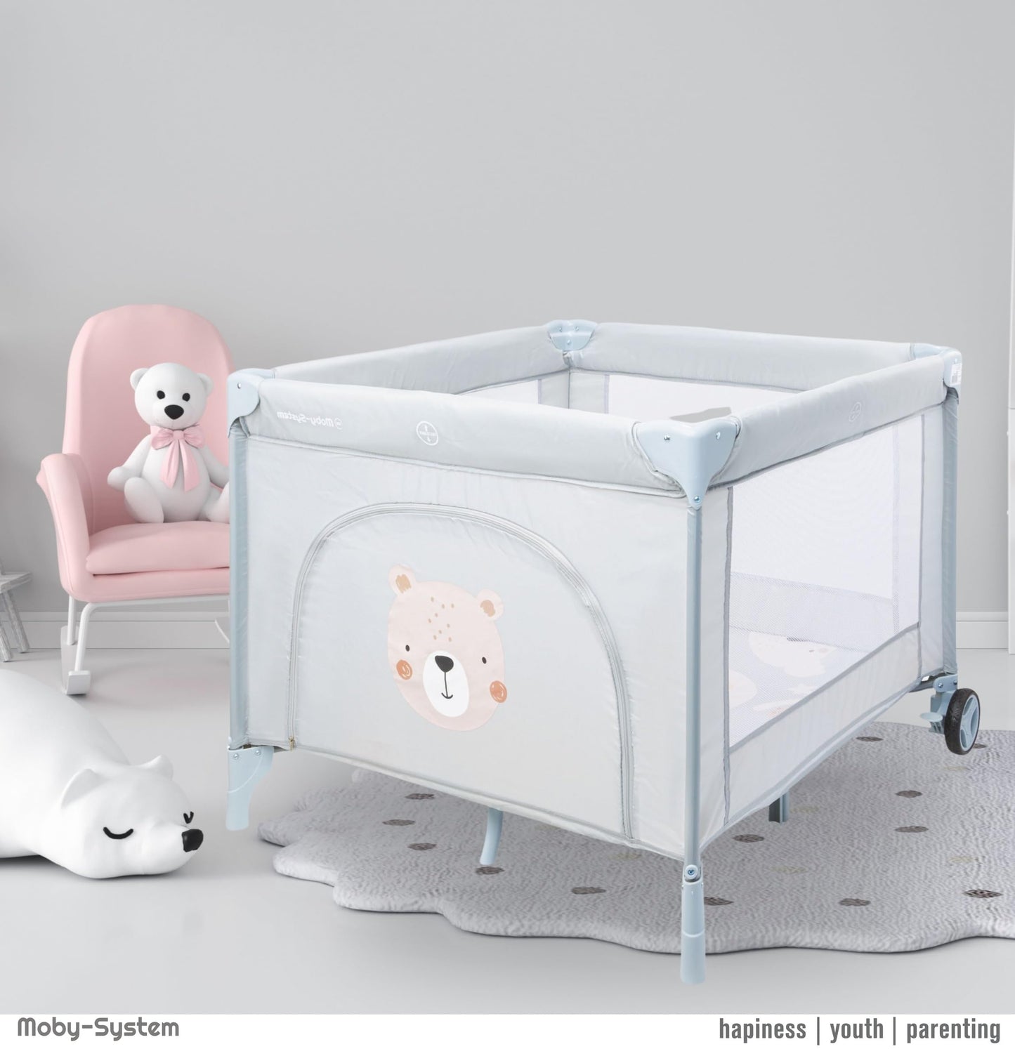 Moby-System Baby Travel Cot 128 x 68 cm - Foldable Children's Travel Bed with Mattress & Carry Bag - Playpen with Side Exit - for Babies up to 15 kg - Grey