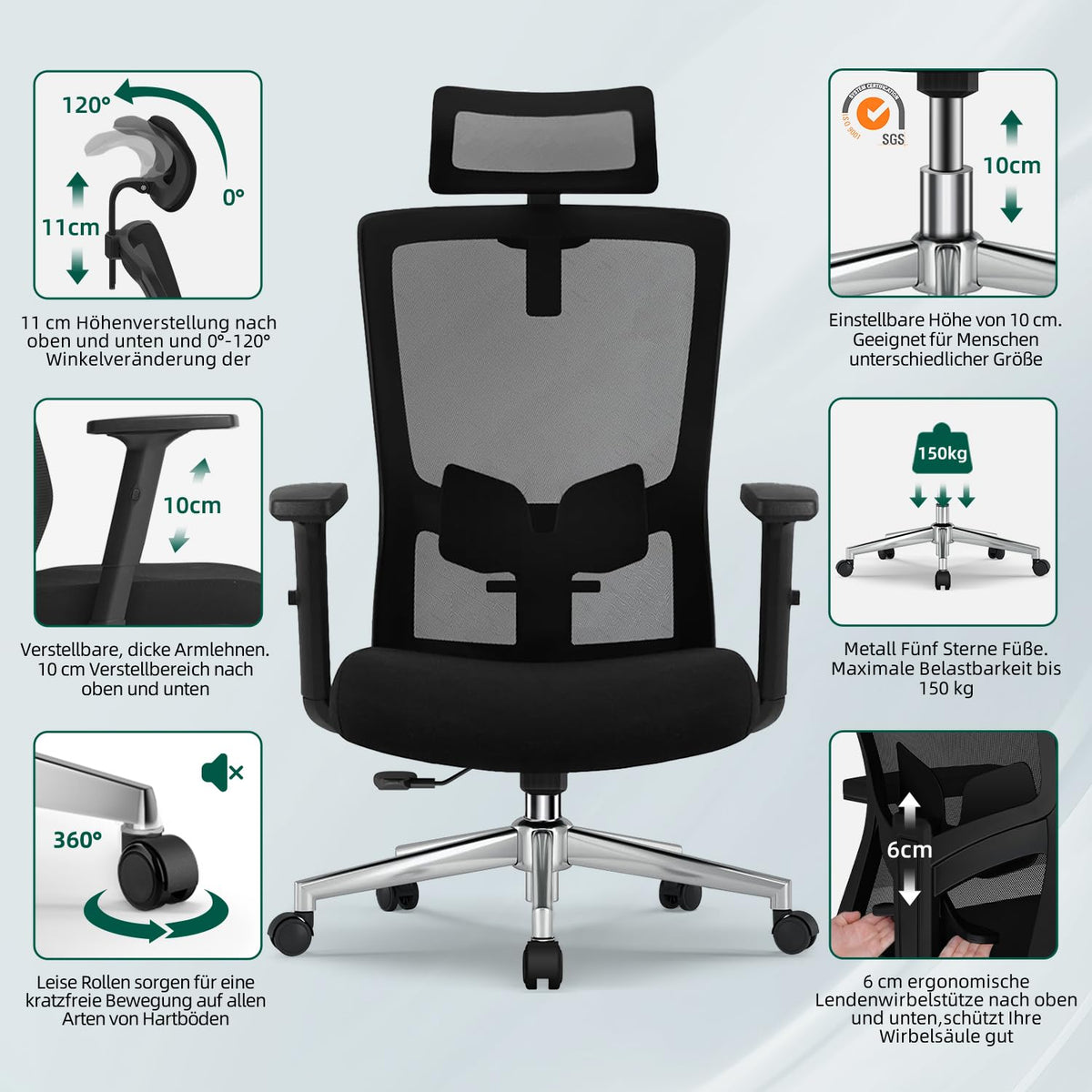 Ergonomic Office Chair with Adjustable Lumbar Support, Armrests and Headrest, Swivel Office Chair 150 kg, Desk Chair, Executive Chair, Rocker Function up to 135°