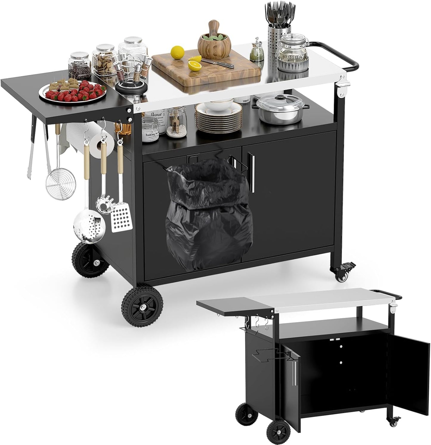 KOMFOTTEU BBQ Trolley with Stainless Steel Worktop, Serving Trolley with Folding Tabletop, Grill Table with Cabinet, 6 Hooks, Garbage Bag Holder & Handle, for Picnic, Party, 127 x 50 x 84 cm