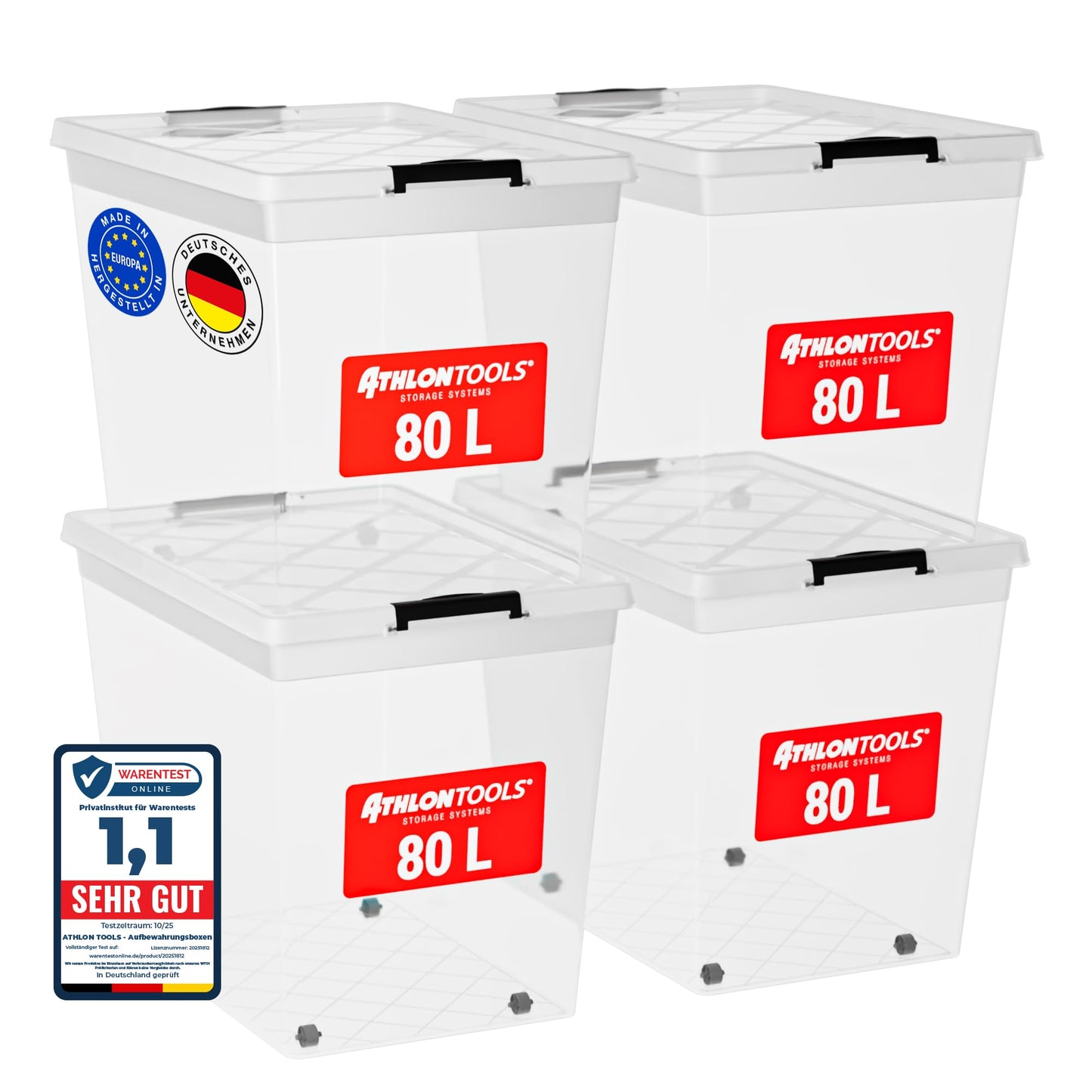 ATHLON TOOLS 4 x 60 L Storage Boxes with Lid, Food-Safe, Locking Clips, 100% New Material Plastic Box, Transparent, Clothes Boxes, Stackable