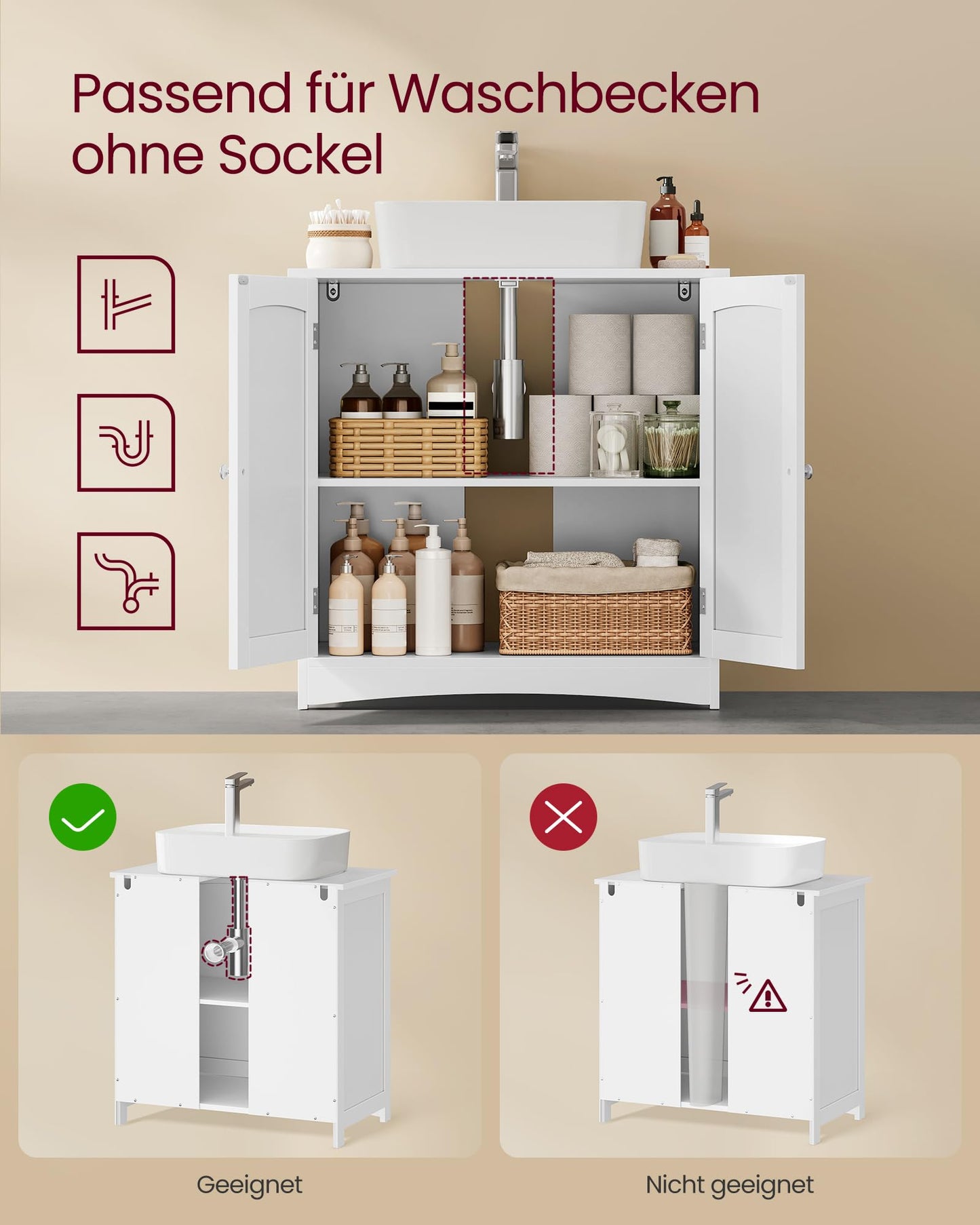 VASAGLE BBC410P31 Vanity Unit Extra Long 30 x 90 x 60 cm 2 Doors Bathroom Cabinet Open Compartments Height Adjustable Shelves White