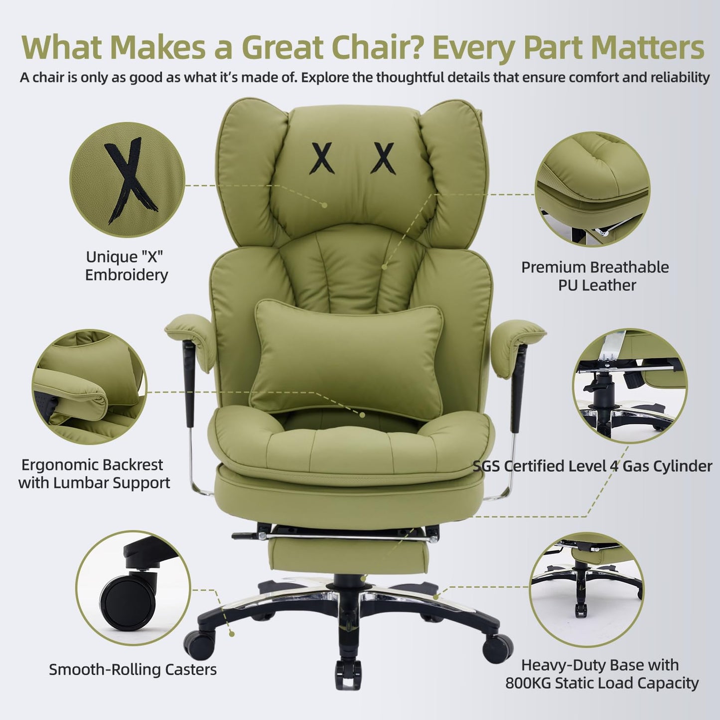 Efomao Office Chair, X Embroidery Big and Tall PU Leather Chair for Home, Adjustable High-Backed Computer Gaming Chair, 200 kg Rotating Executive Chair with Footrest and Lumbar Support, Olive Green