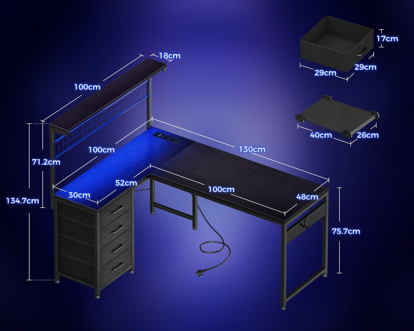 Coleshome Gaming Table with LED, 110 × 80 cm, Reversible Gaming Desk with Drawers & Sockets, Corner Desk with Storage Compartment & Storage Space, Black