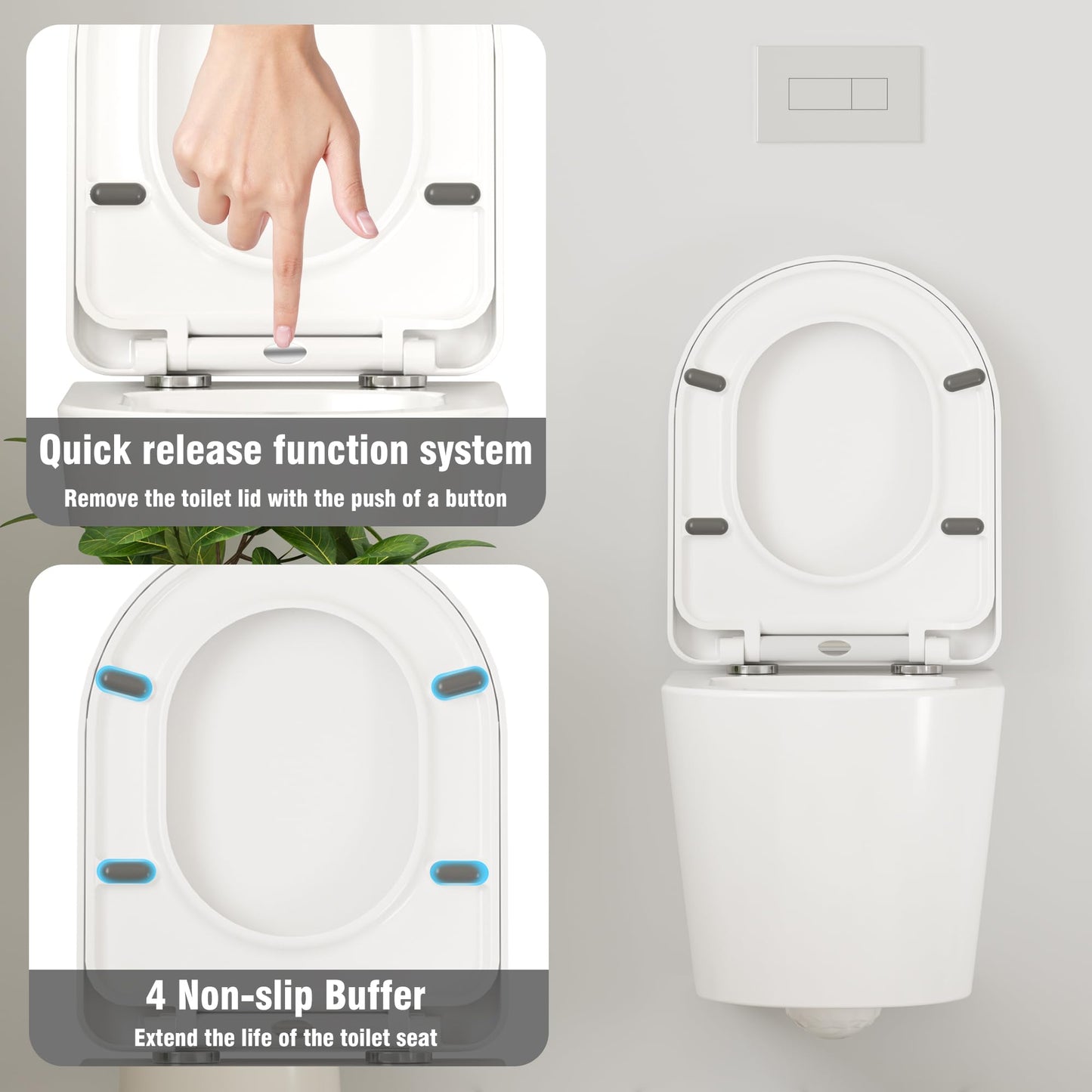 Hängend WC Spülrandlos Toilette, Wand-WC Set aus Keramik mit Toilettendeckel Abnehmbaren Absenkautomatik Effizienter Spültechnik Hängetoilette, D-Form,Lang 51cm, Weiß