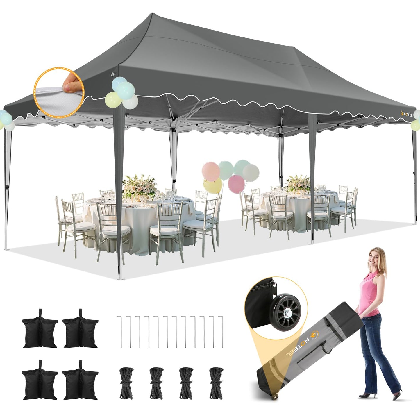 HOTEEL Gazebo 3 x 6 Waterproof Stable with 6 Removable Side Walls, Wave Hem Roof Party Tent 3 x 6 with Wheel Bag and 4 Sand Bags, Folding Gazebo 3 x 6 Parasol for Wedding Market (Grey)