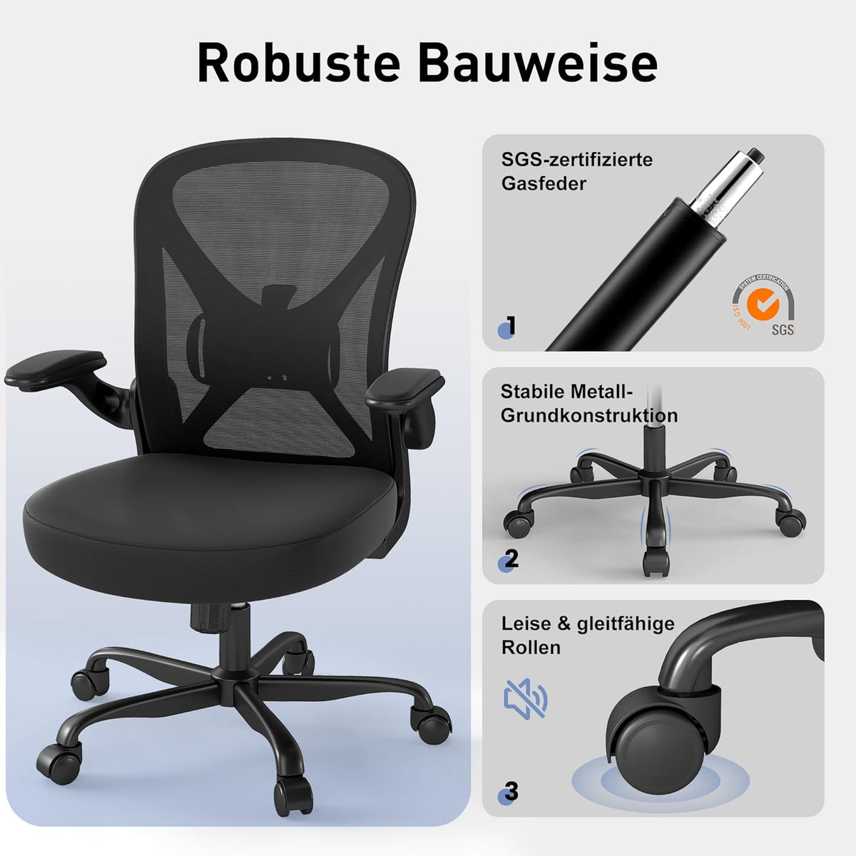 ZZH Ergonomic Desk Chair, Mesh Office Chair with Adjustable Lumbar Support & Folding Armrests, Breathable Computer Chair for Home Office with 360° Rotation & Height Adjustment, Black