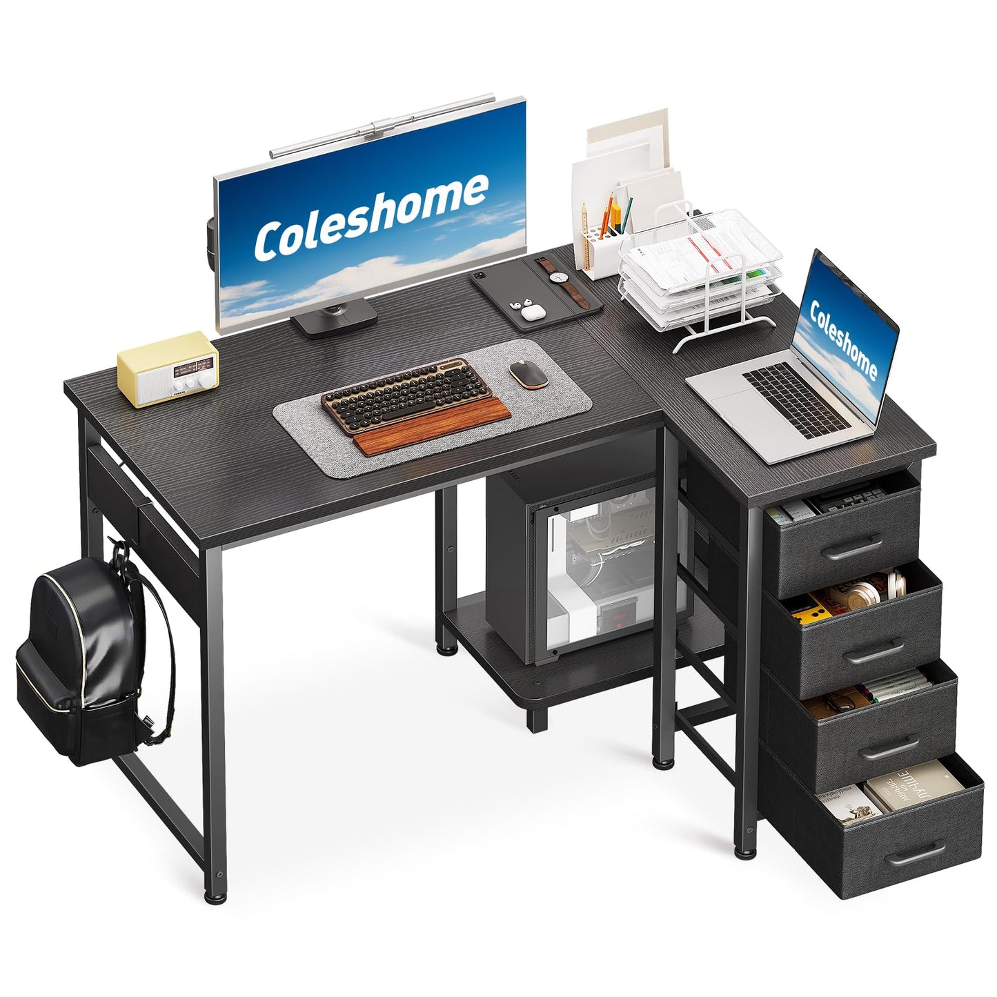 Coleshome Corner Desk, 100 x 70 cm, L Shape Desk with 4 Drawers, Reversible Computer Desk for Office, Study, Bedroom, White