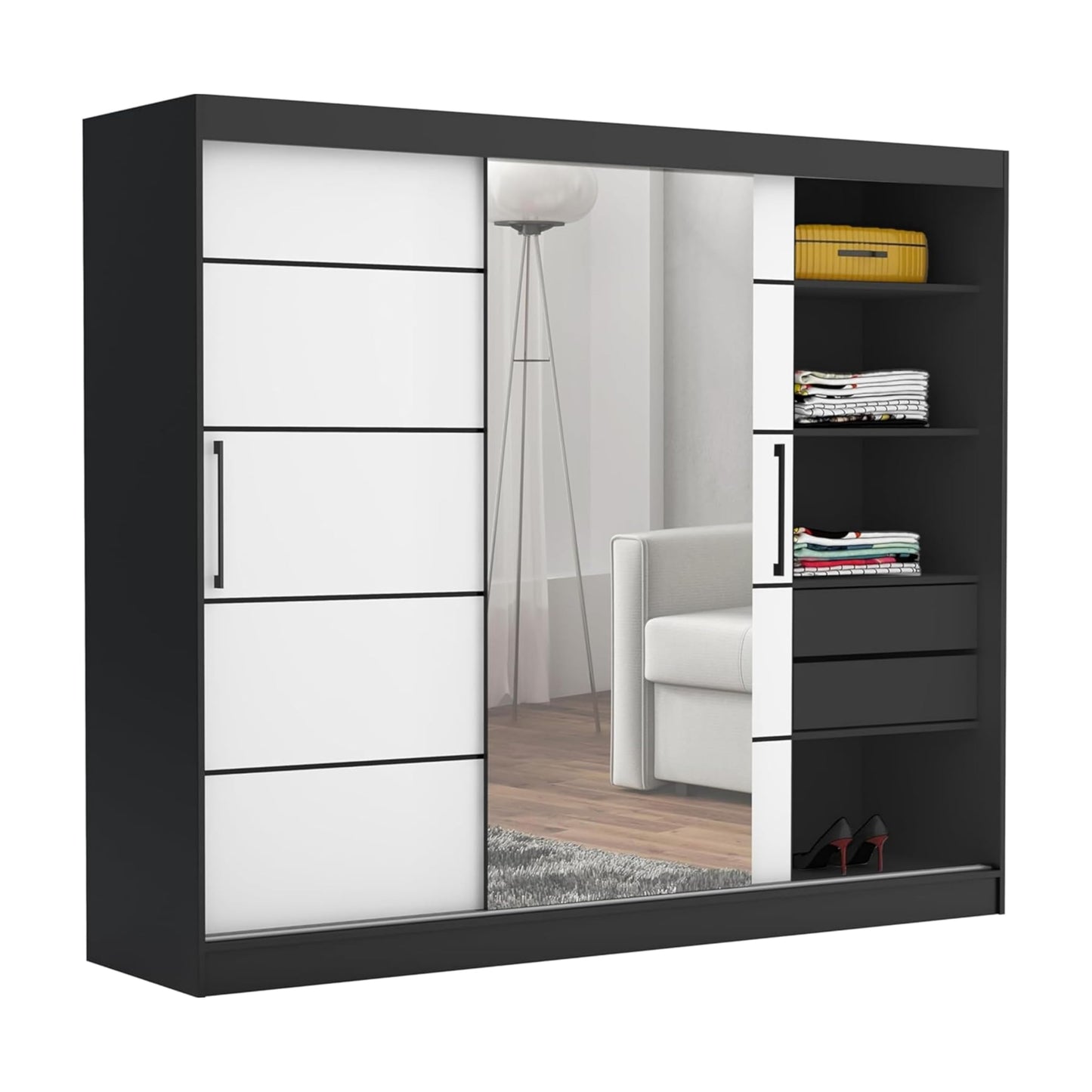Brent - Kleiderschrank mit Spiegel und Schubladen 235cm Breit Chelsea Tomy, Schwebetürenschrank mit Spiegel, Schlafzimmerschrank, Kleiderschrank Schwarz