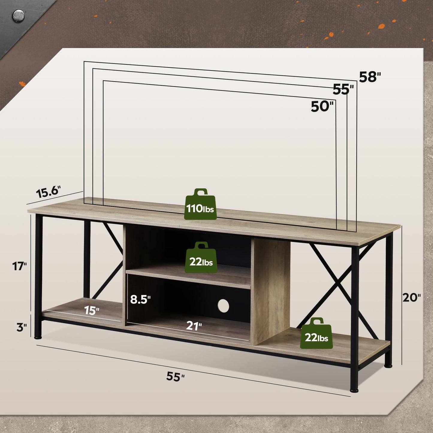 WLIVE TV Schrank, TV Lowboard für Fernseher bis zu 65 Zoll, TV Board Fernsehschrank mit Offenen Stauraum, 140 x 40 x 49 cm, Fernsehtisch für Wohnzimmer und Schlafzimmer, Vintagebraun-Schwarz