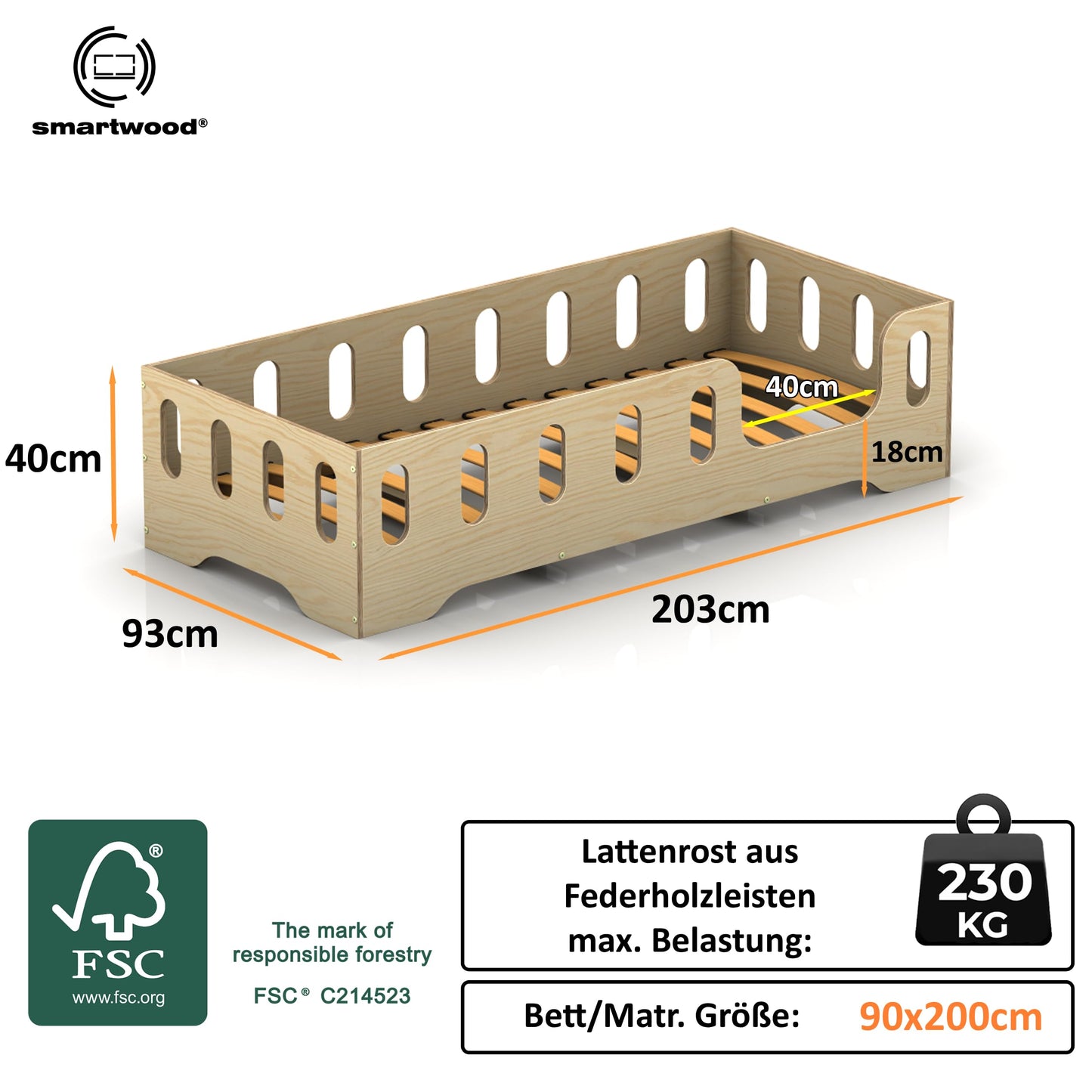 smartwood Montessori Wooden Floor Bed 90 x 200 cm Blue with FSC Certificate TILA 2P with Fall Protection and Slatted Frame Maximum Load 230 kg Easy Assembly