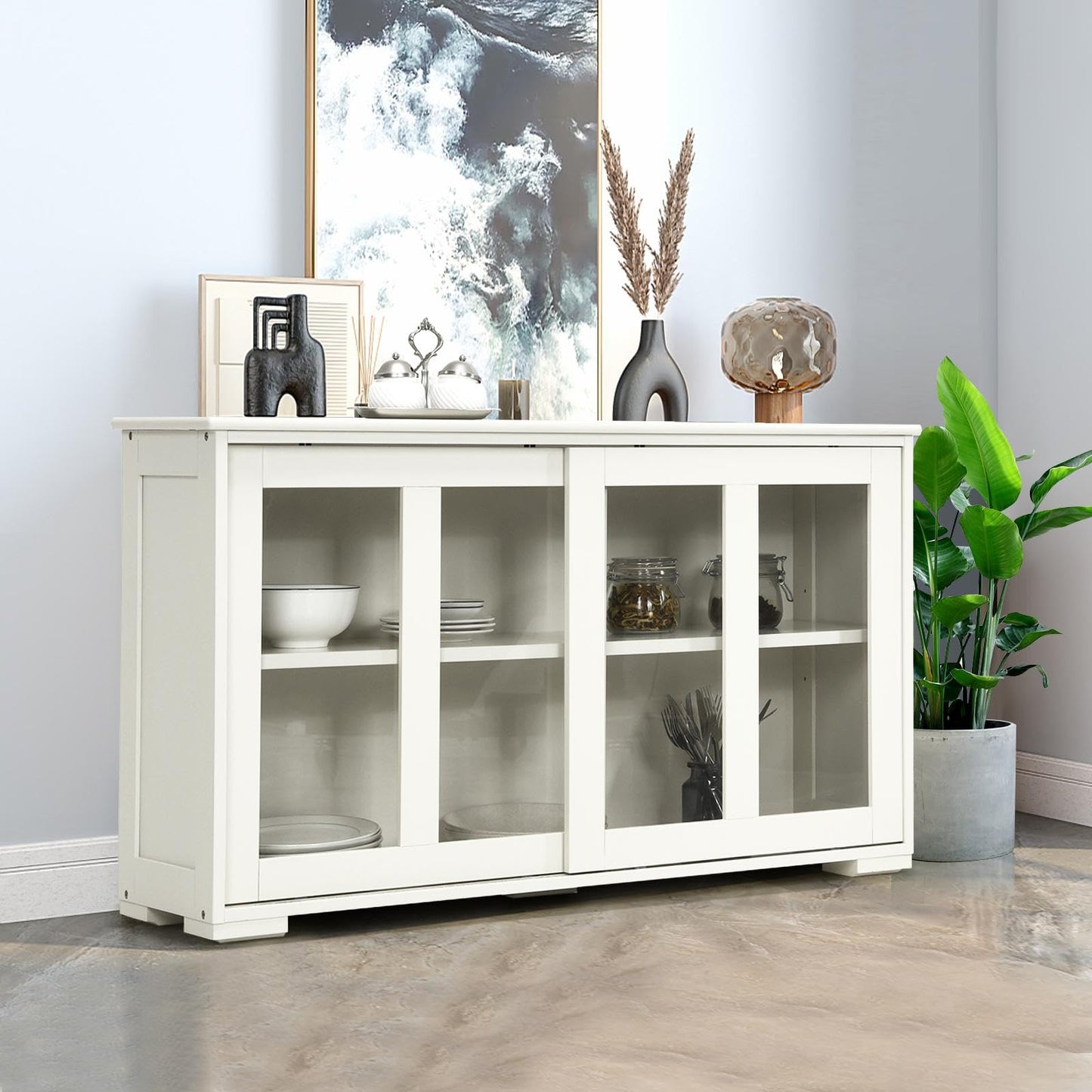 KOMFOTTEU Sideboard Side Cabinet, Kitchen Chest of Drawers with Glass Sliding Doors, Wooden Kitchen Cabinet with Adjustable Shelf, Buffet Cabinet 107 x 33 x 64 cm for Hallway Dining Room (Cream White)