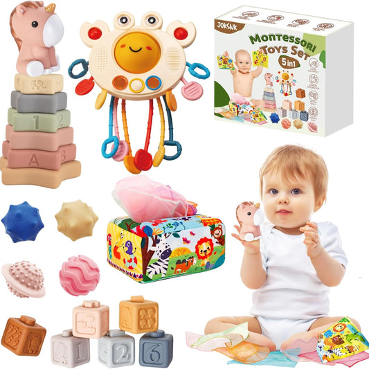 JOKSNK Montessori Spielzugug ab 1 Jahr, 5 In 1 Babyspielzeug, Gestapelter Turm, Tissue -Boxen, Gestapelte Spielzeuge, Squeeze BäLle, Geschenk FüR Jungen Und MäDchen Von 6 9 12 Monaten 1 2 3 Jahre