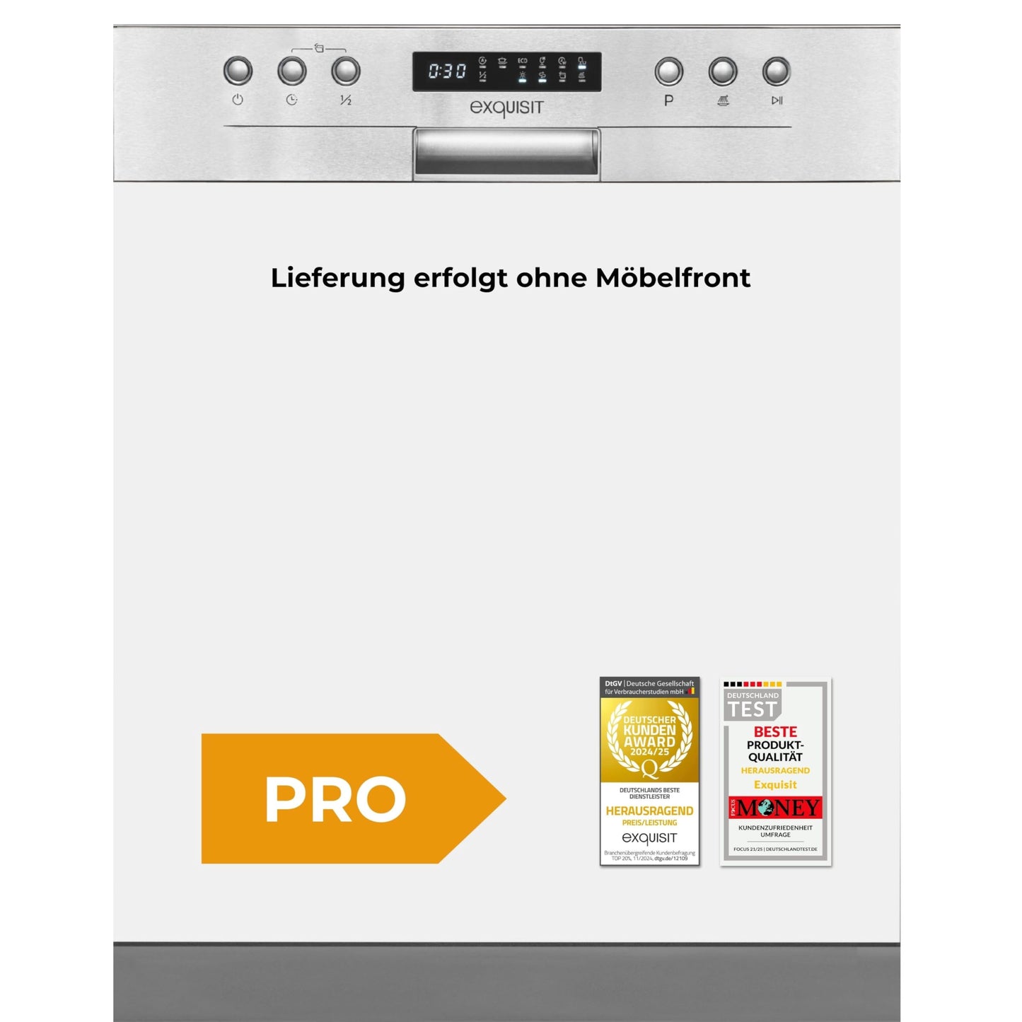Exquisit PLUS EGSP2113-EB-030E Built-in Dishwasher, Partially Integrated, 60 cm, 13 Place Settings, Start Time Delay, LED Display, inox