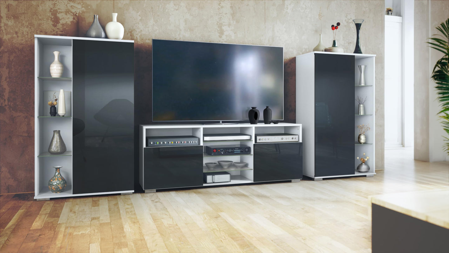 Vladon Davos Wall Unit with 2 Display Cabinets and 1 TV Board, Matte White / High Gloss White (329 x 134 x 35 cm)