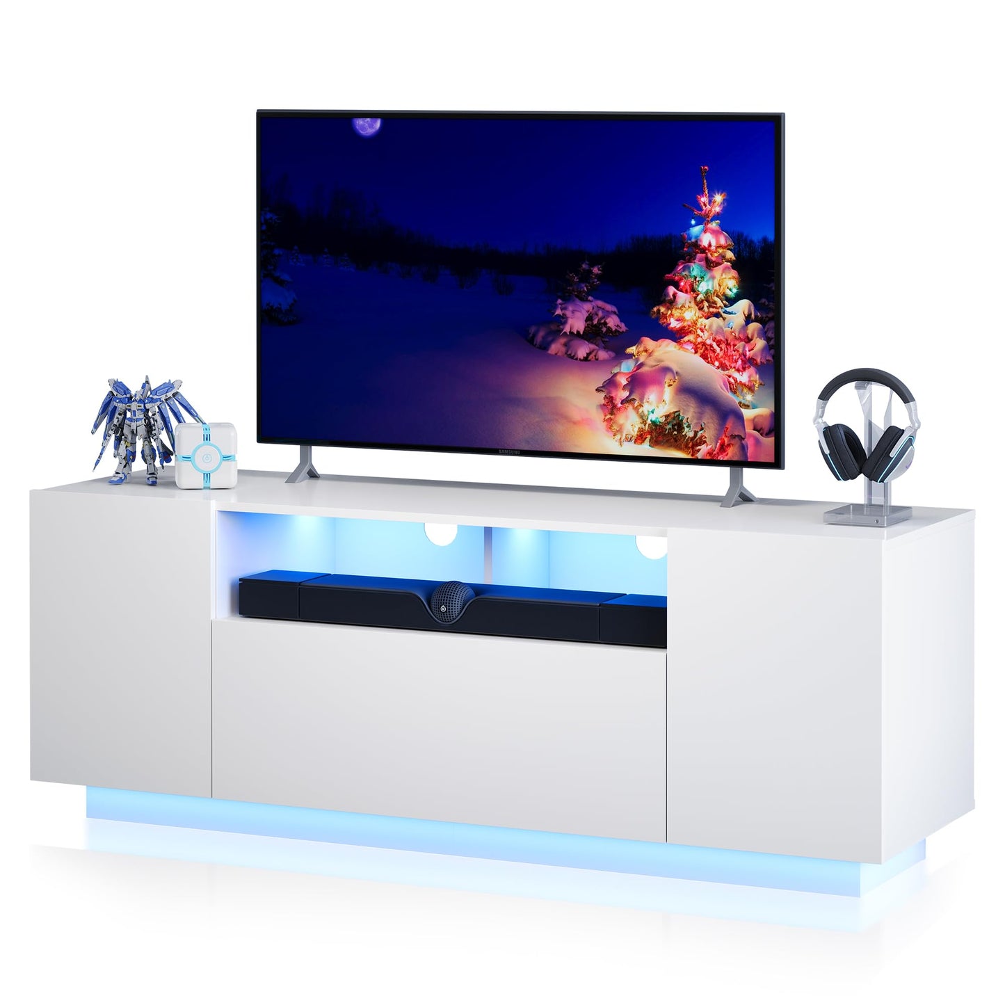 WLIVE TV Cabinet Black Lowboard High Gloss with 20 Colours LED Lighting, TV Board with Cabinets and 2 Open Surfaces, TV Table with Folding Door, 122 x 36 x 45 cm, Black