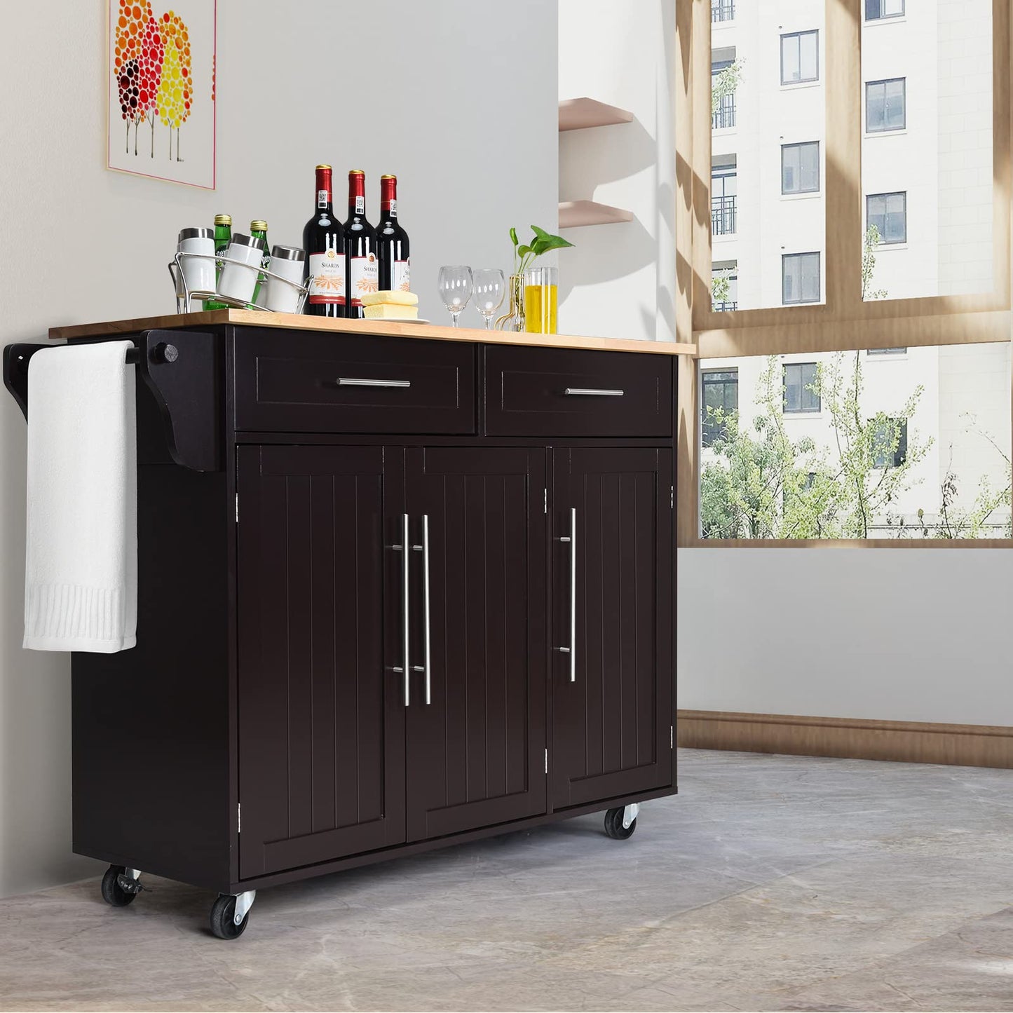 GOPLUS Kitchen Trolley on Wheels, Mobile Kitchen Island with 6 Compartments & 2 Drawers, Adjustable Shelves & Towel Rail, Service Trolley with Worktop (Black)