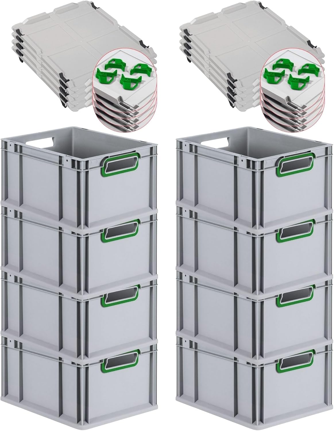 PROREGAL Economy Set of 5 Eurobox NextGen Colour with Lid and Sliding Snap Fasteners, H x W x D 22 x 30 x 40 cm, 20 L, Black, Closed Handles, Euro Container, Transport Box, Transport Container