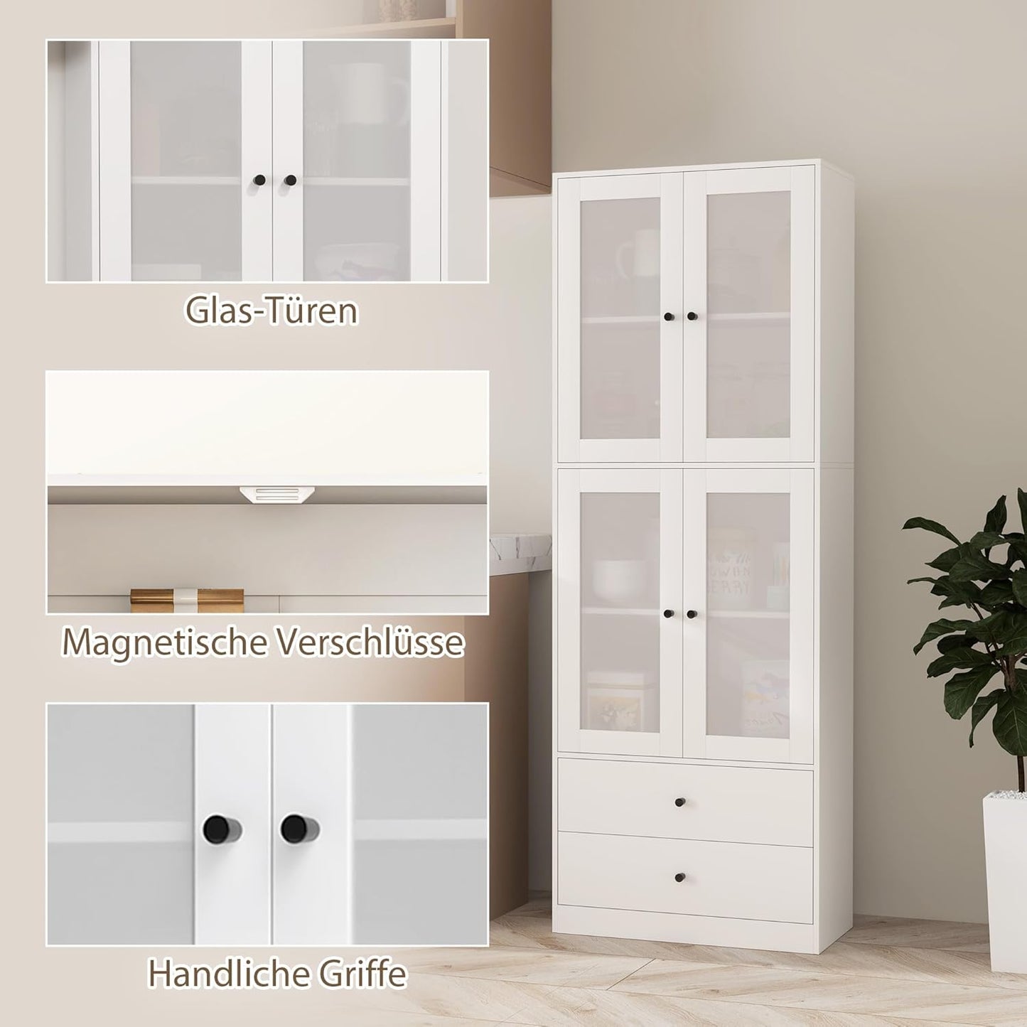 HOMCOM Kitchen Cabinet Display Cabinet with Worktop, 2 Drawers, Tall Cabinet with 4 Glass Doors, Buffet Cabinet with Adjustable Shelves, 59 x 30 x 170 cm, White